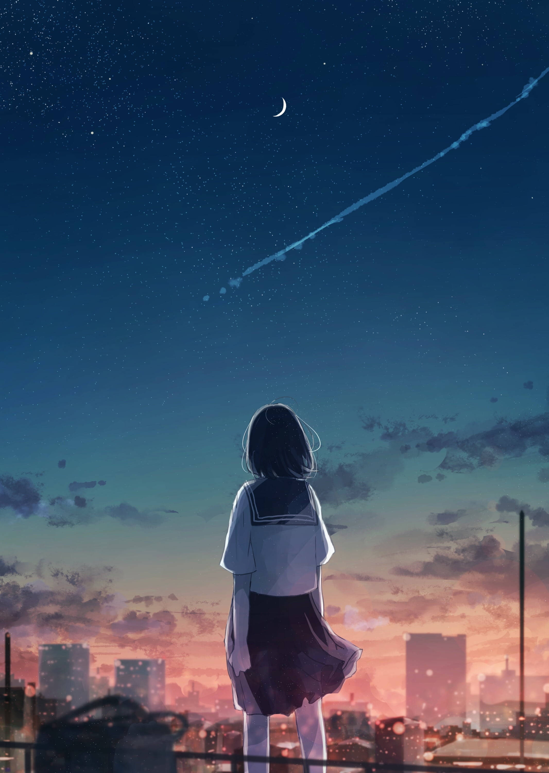 girl, school uniform, starry night sky, 2K Phone Wallpaper