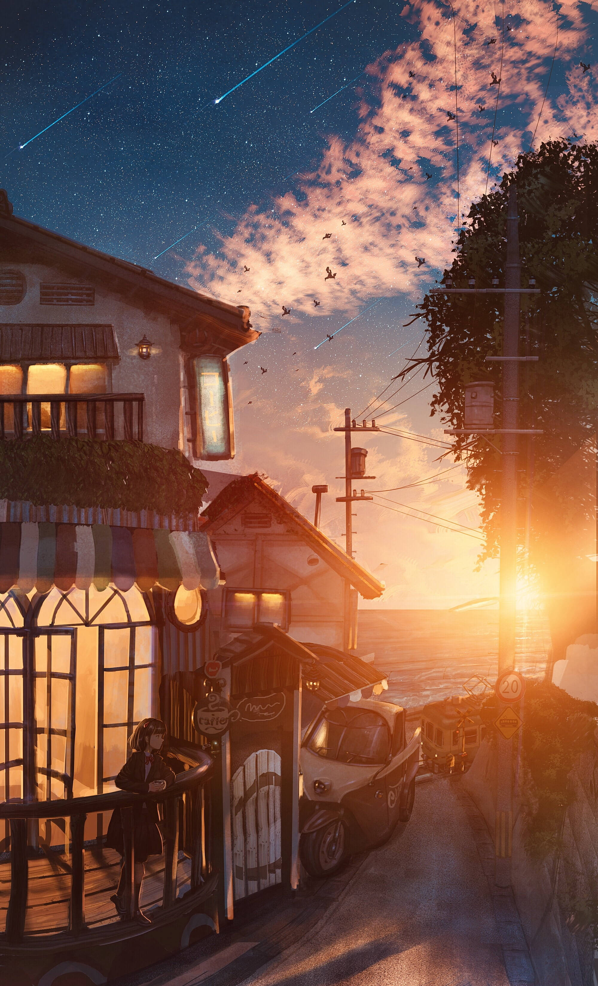 Serene Sakura Sky, aesthetic anime iphone, seaside village street, 2K Phone Wallpaper