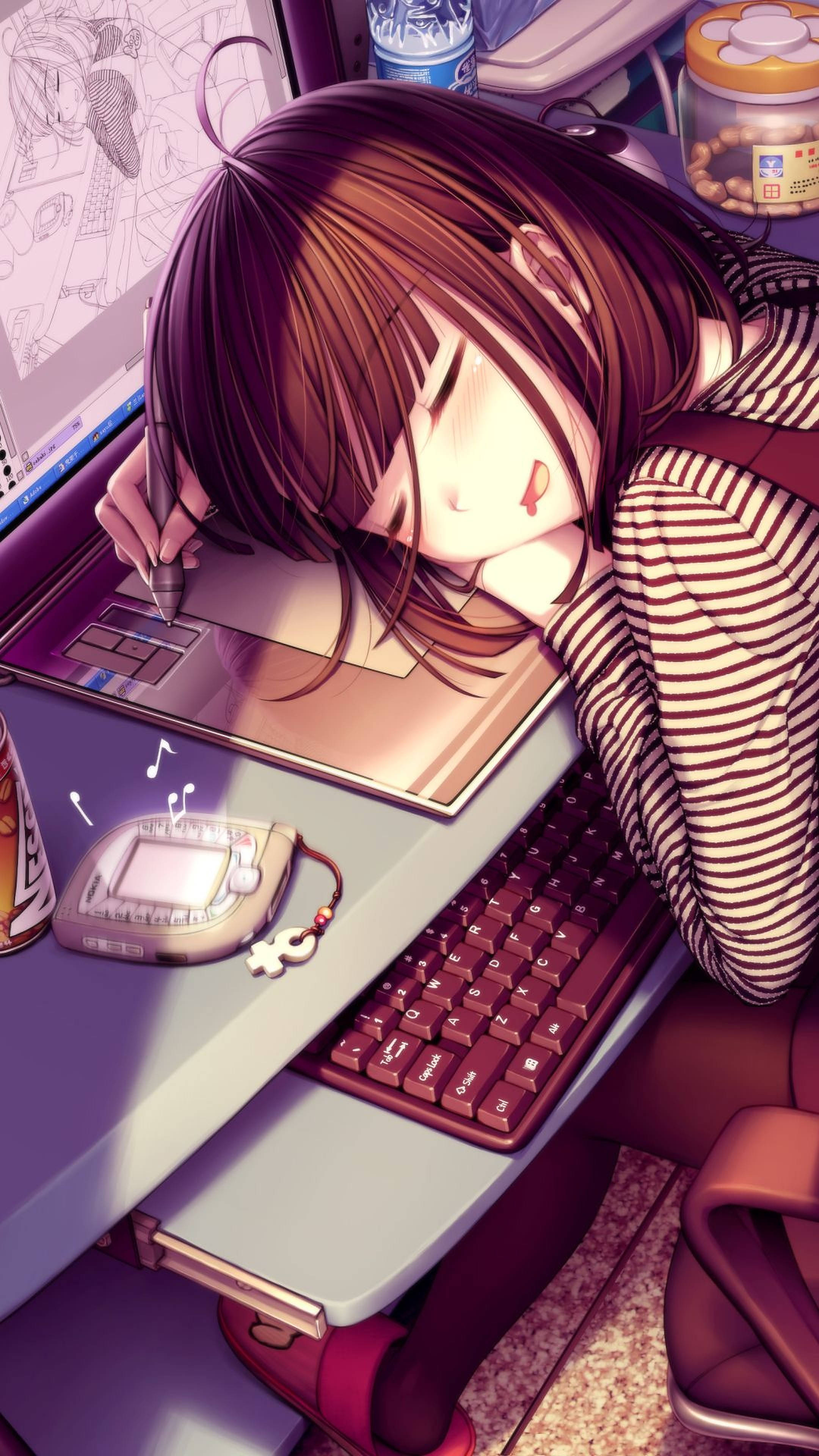 anime girl, brown hair, desk, 4K Phone Wallpaper