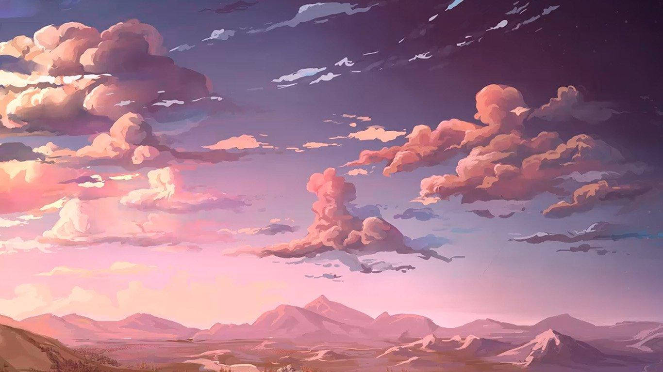 pink cloudy sky, serene mountain range, soft pink and purple twilight hues, HD Desktop Wallpaper
