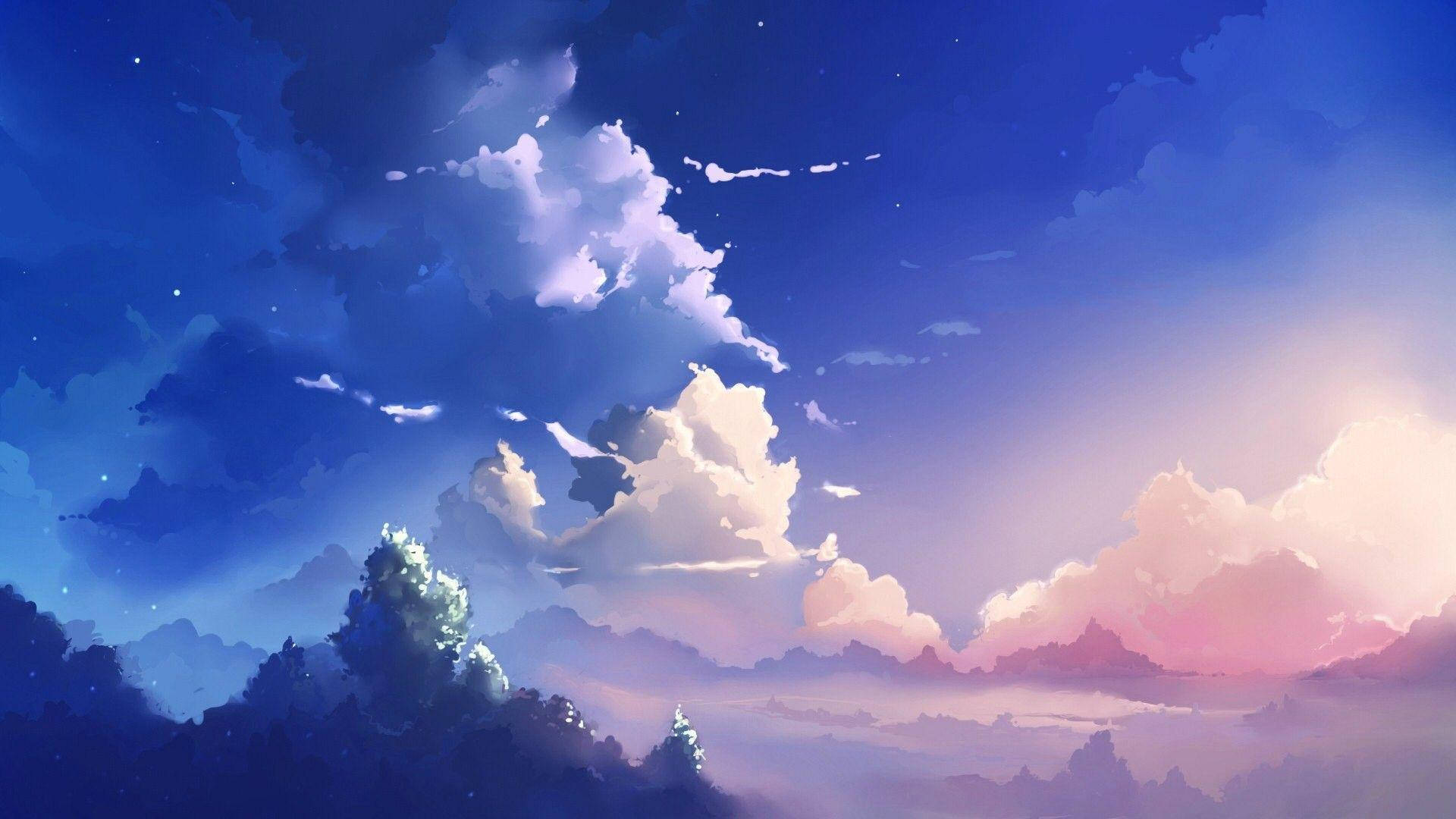 twilight sky, soft pink and blue clouds, misty mountains, Full HD Desktop Wallpaper