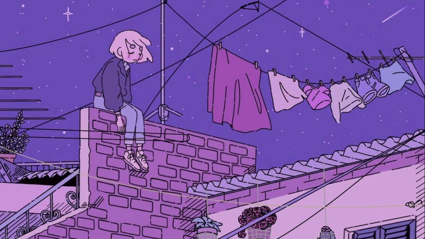 pink-haired figure, brick wall, starry purple sky, HD Desktop Wallpaper