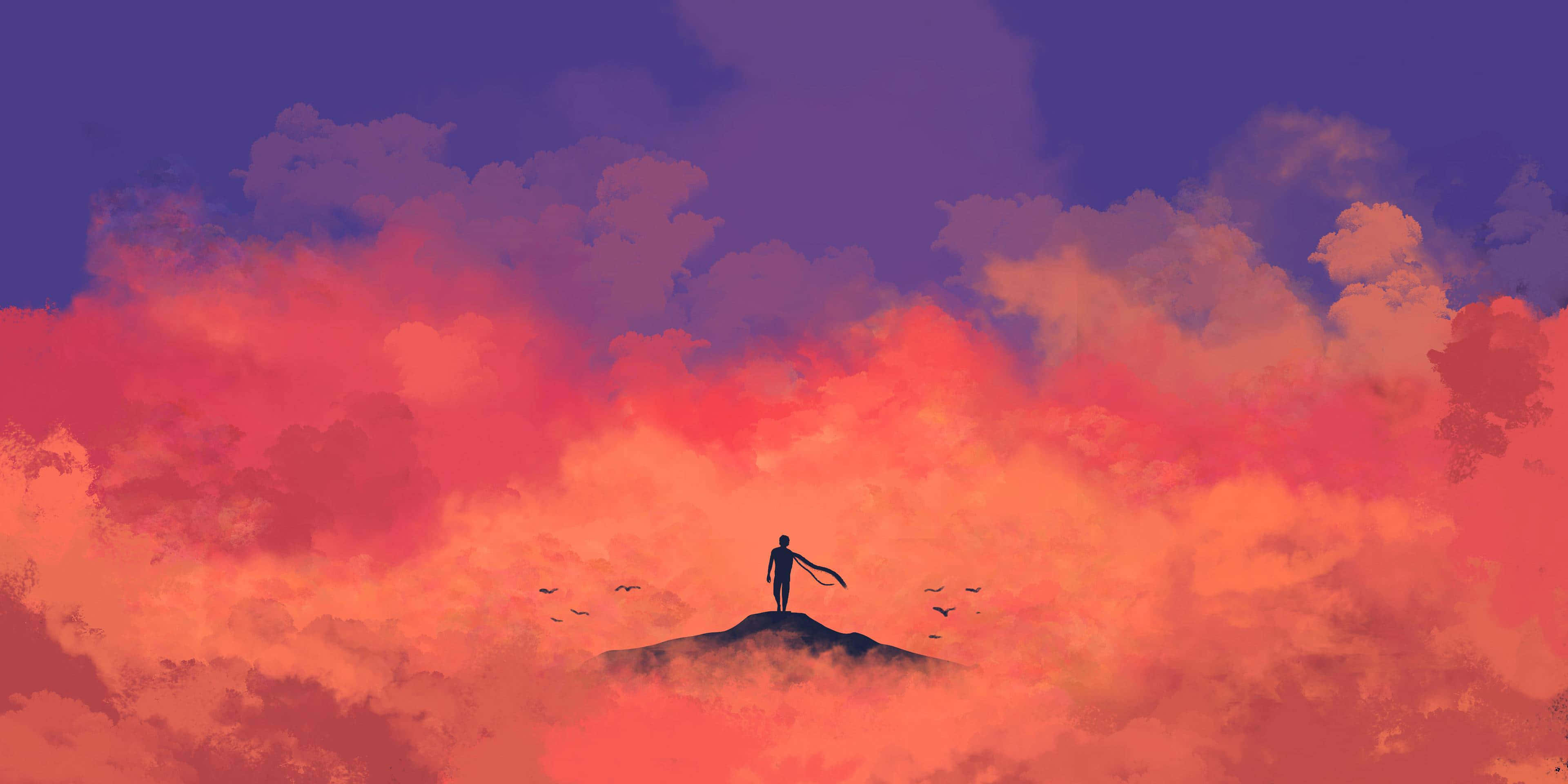 red aesthetic anime laptop, vibrant sunset sky, orange and purple clouds, 4K Desktop Wallpaper