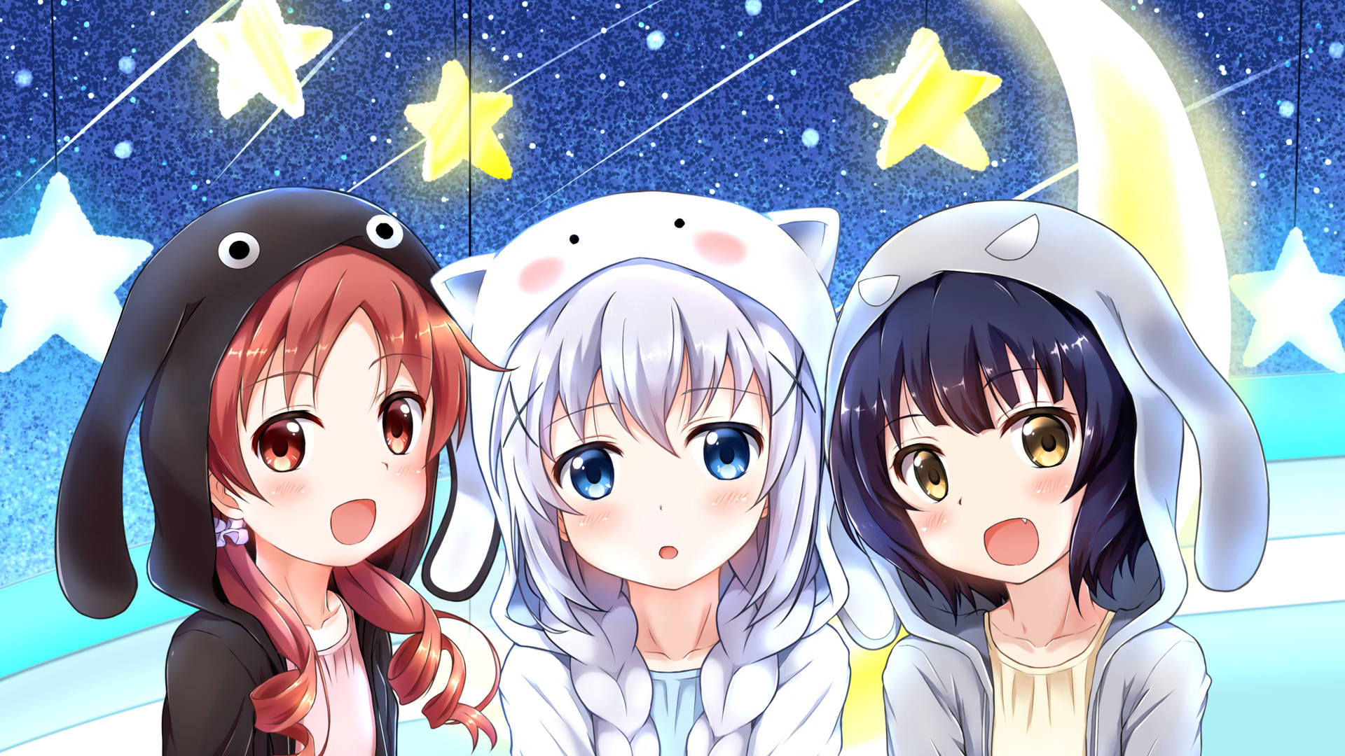 three girls, animal hoodies, starry night sky, Full HD Desktop Wallpaper