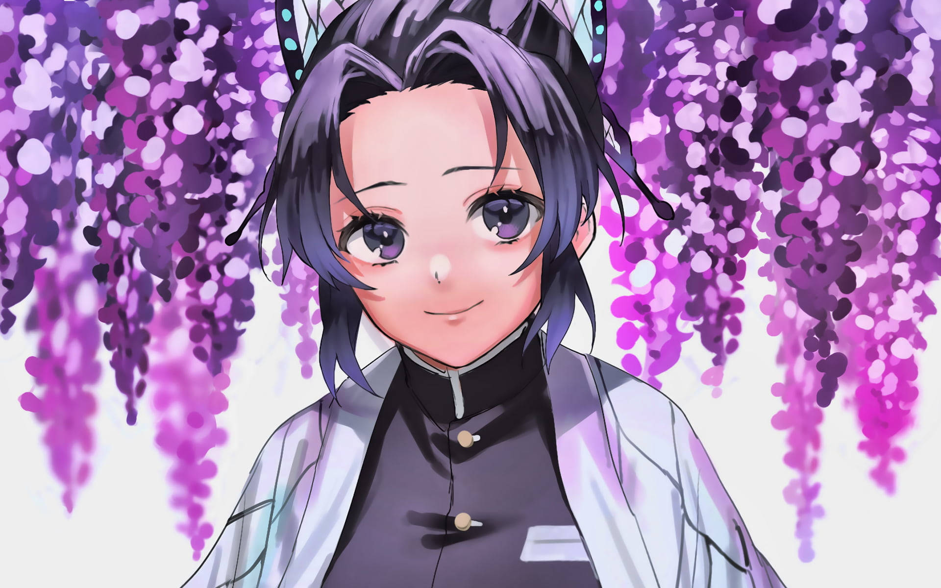 purple haired anime shinobu, butterfly accessories, purple wisteria blossoms, Full HD Desktop Wallpaper