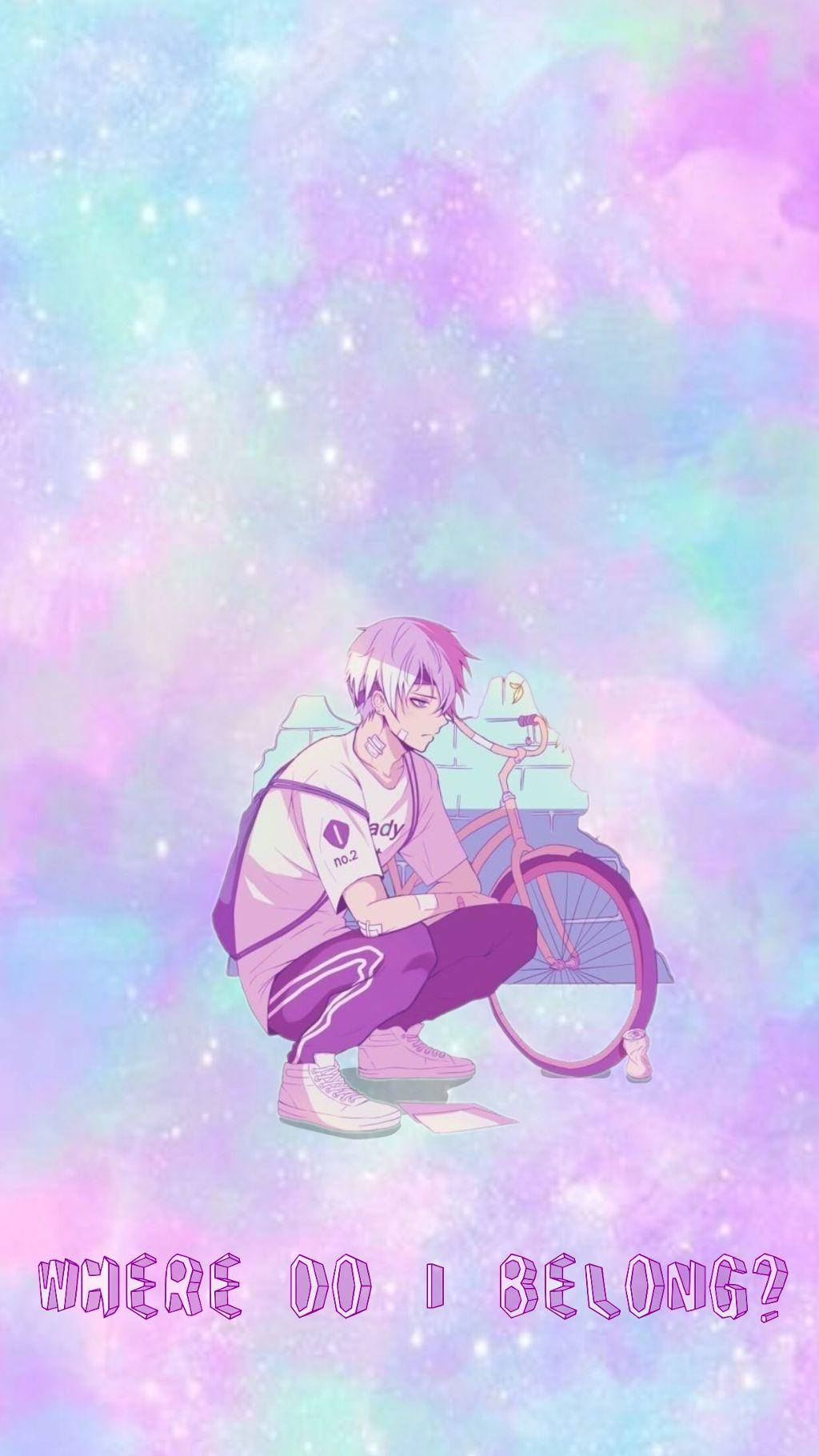 anime boy, purple hair, pink bicycle, HD Phone Wallpaper