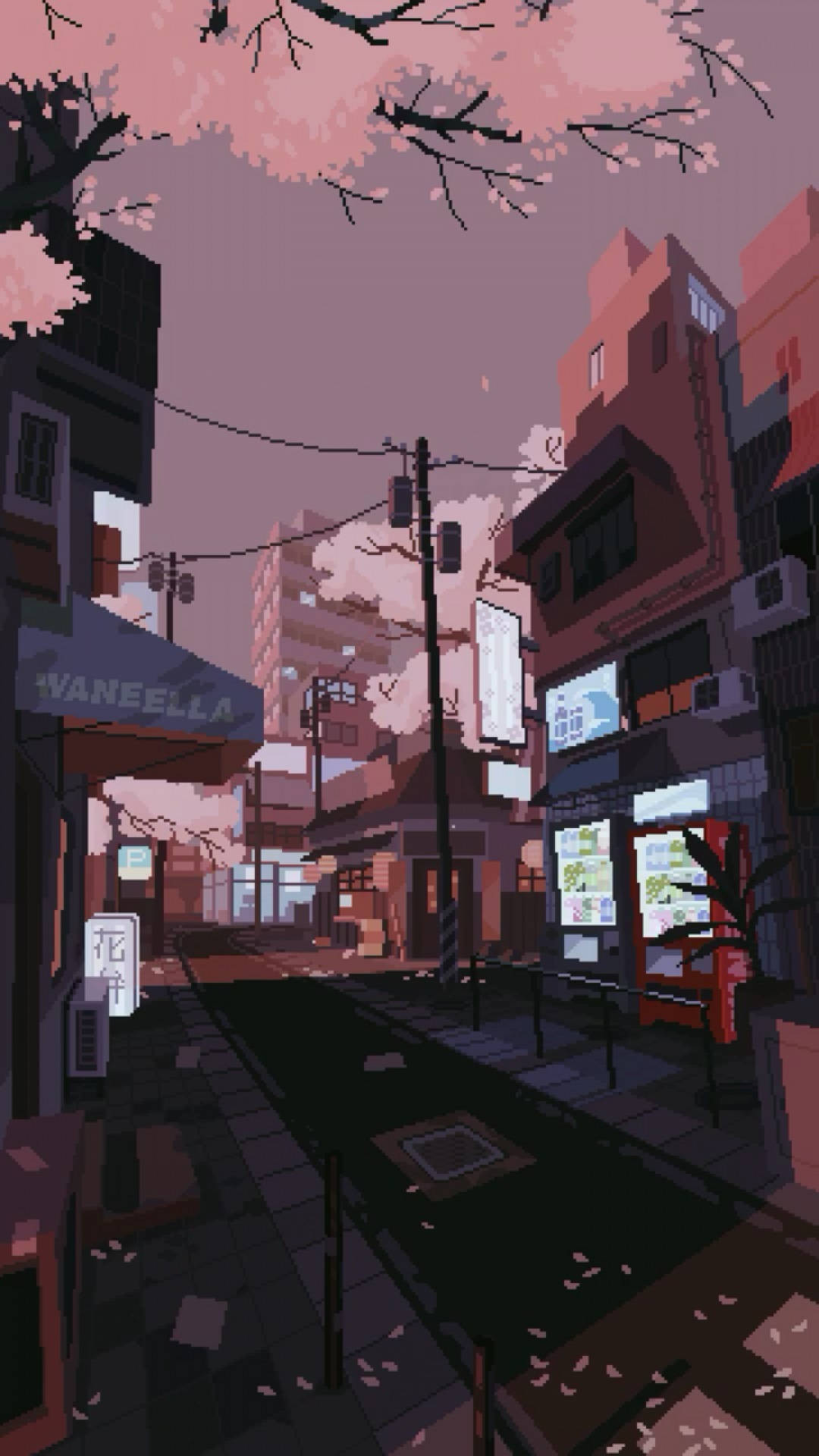 pixel-art, street scene, cherry blossoms, Full HD Phone Wallpaper