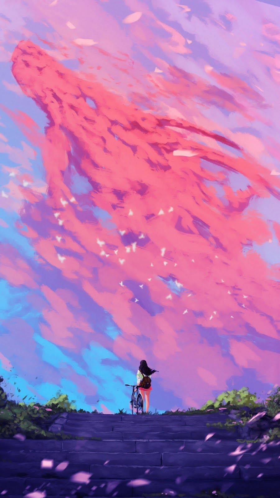 Aesthetic Anime Girl, bicycle, stone steps, HD Phone Wallpaper