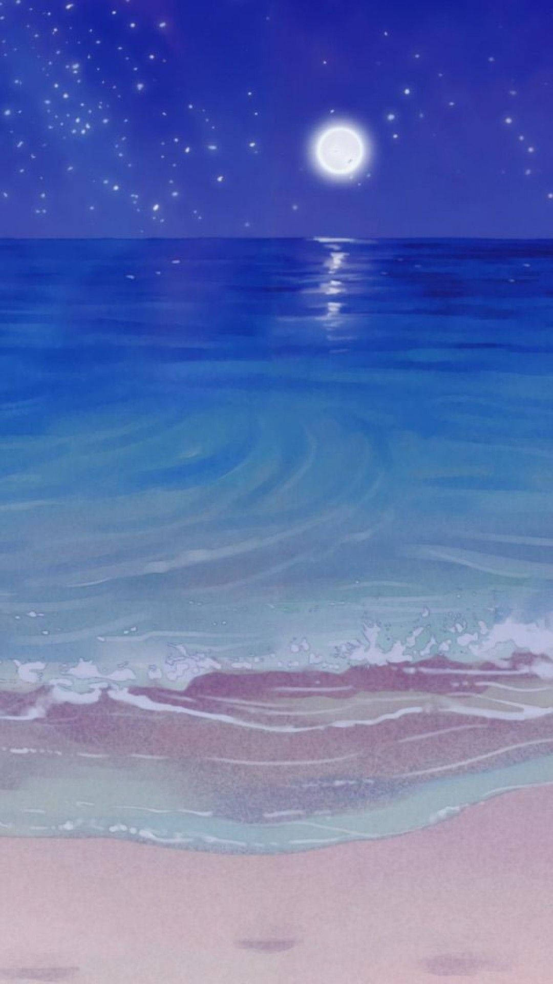 Aesthetic Anime Moon Over Sea Phone, moonlit ocean, pink sand, Full HD Phone Wallpaper