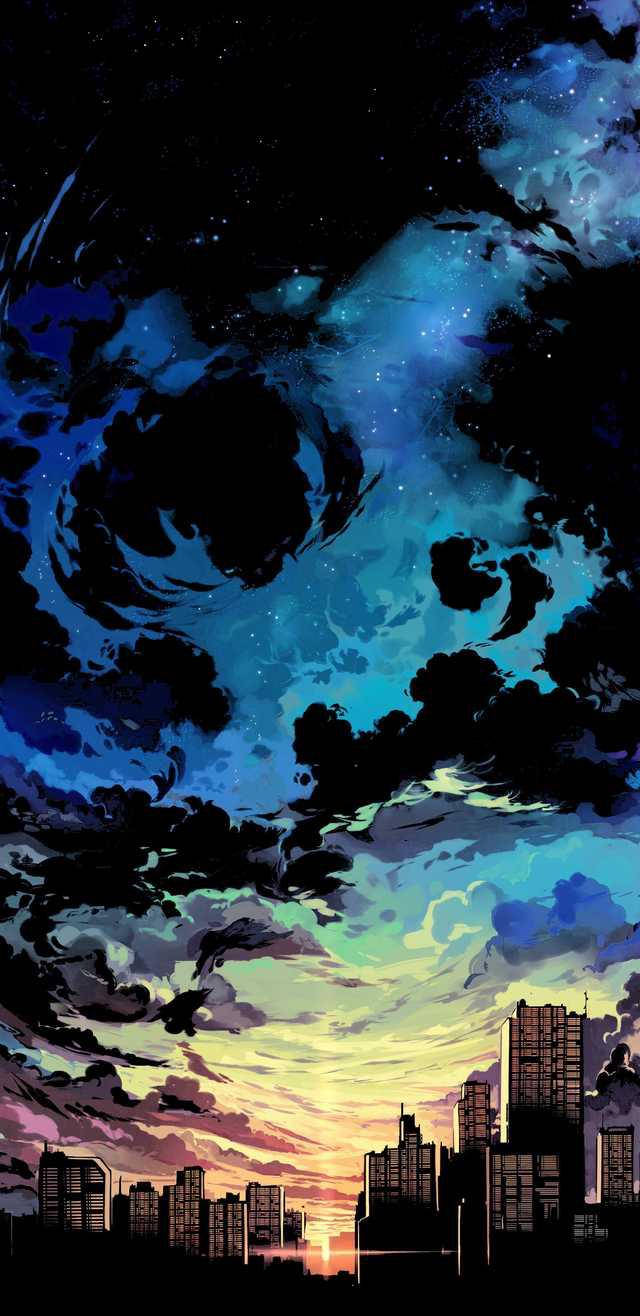 Aesthetic Anime, black clouds, city skyline, HD Phone Wallpaper