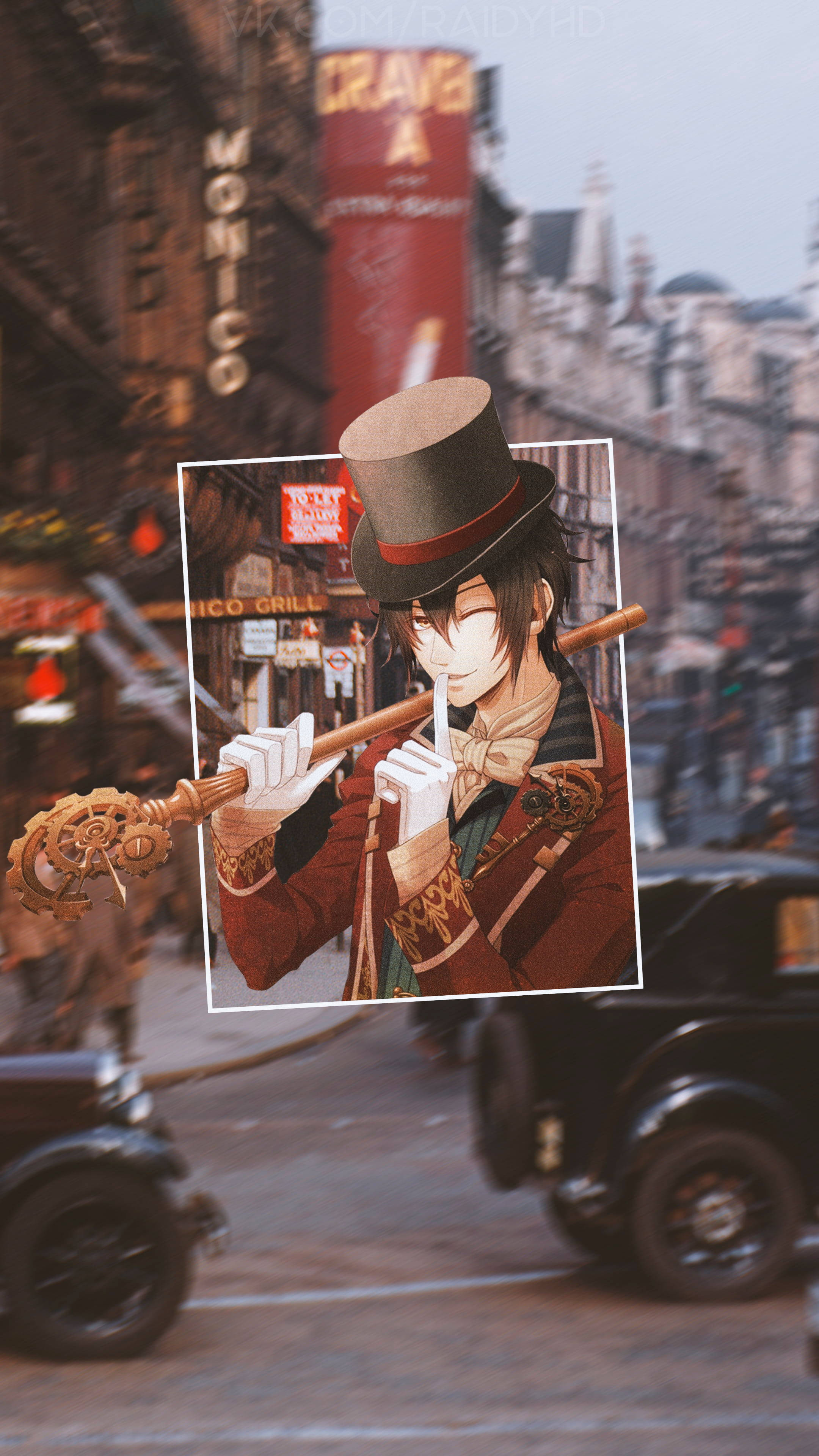 steampunk anime boy, top hat, gear staff, 4K Phone Wallpaper