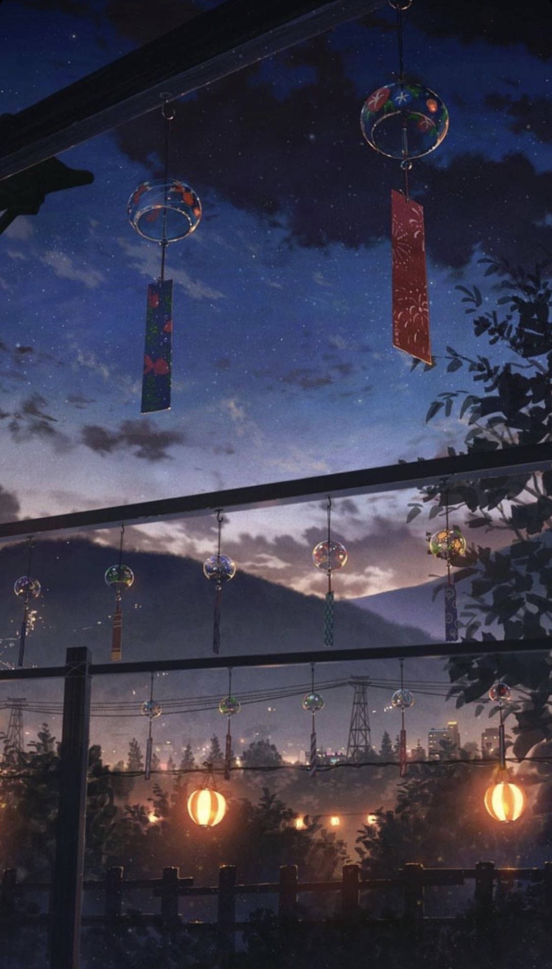 Aesthetic Anime Hanging Lanterns Phone, starry twilight sky, misty cityscape, Full HD Phone Wallpaper