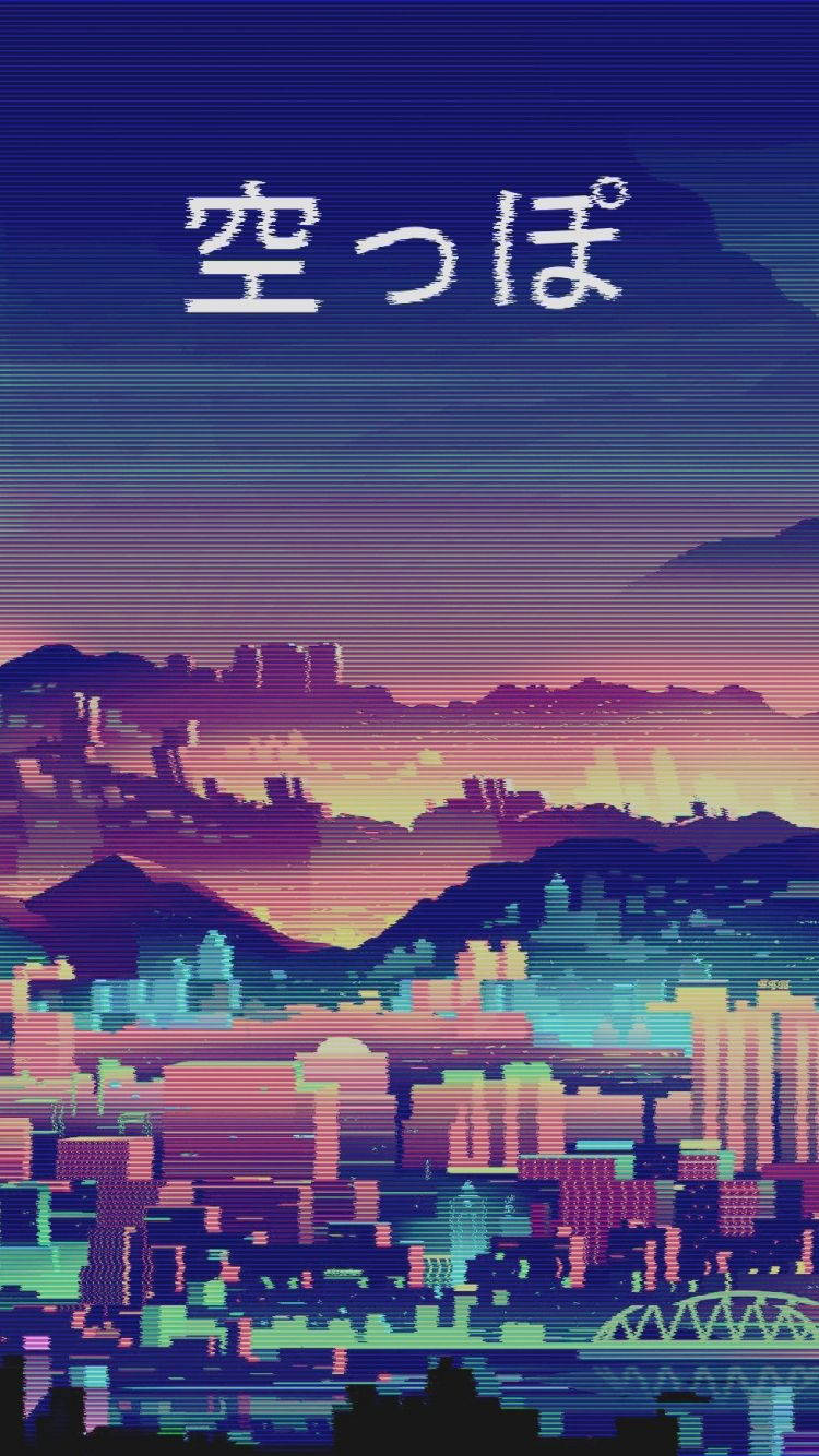 Aesthetic Anime Retro City Skyline Phone, glitchy pixel art, cityscape, HD Phone Wallpaper