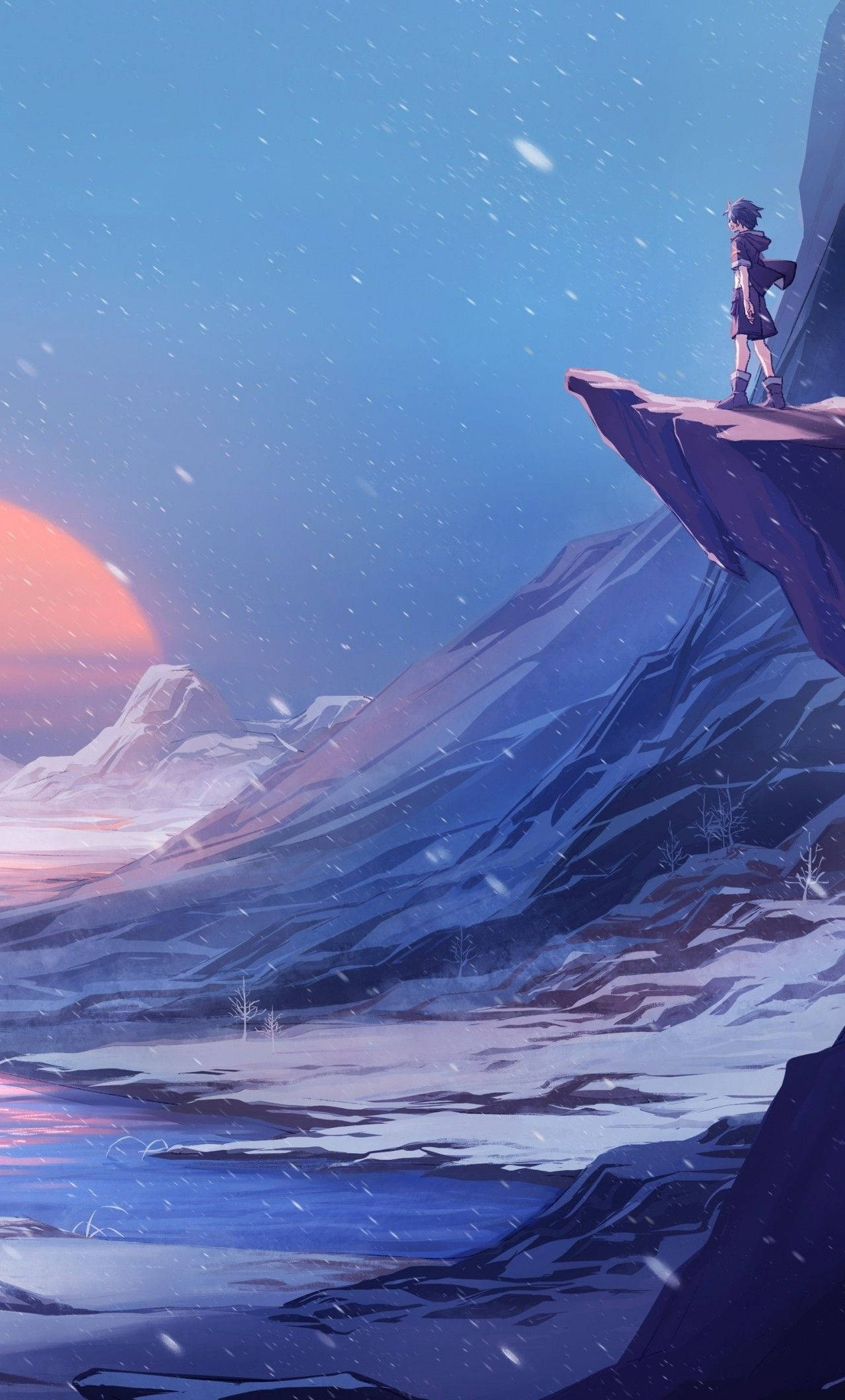 anime character, snowy cliff, mountain valley, Full HD Phone Wallpaper