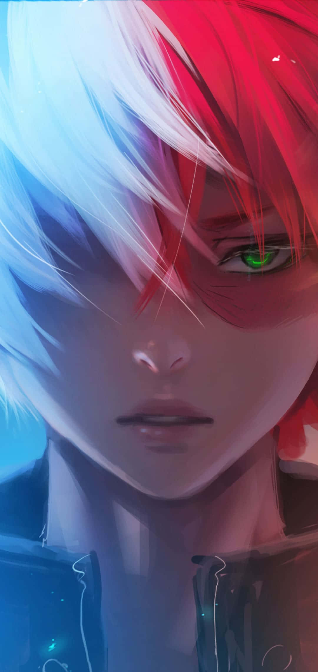 Anime Boy Phone, half-red half-blue hair, glowing green eyes, Full HD Phone Wallpaper