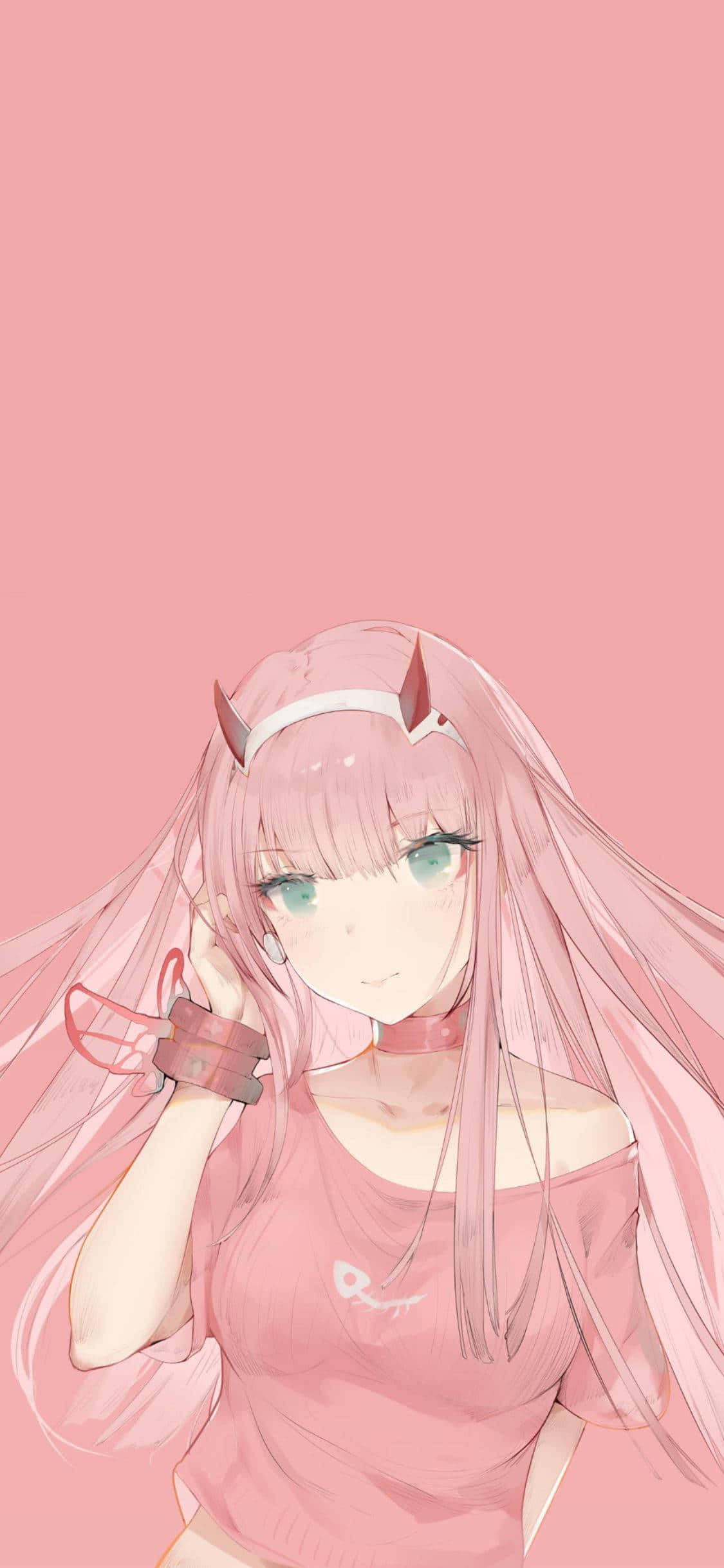 pink-haired anime girl, small horns, green eyes, Full HD Phone Wallpaper