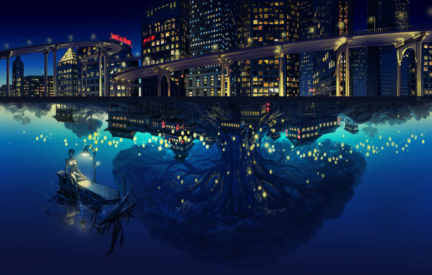 Night Anime River, mirrored cityscape, warm lights, HD Desktop Wallpaper