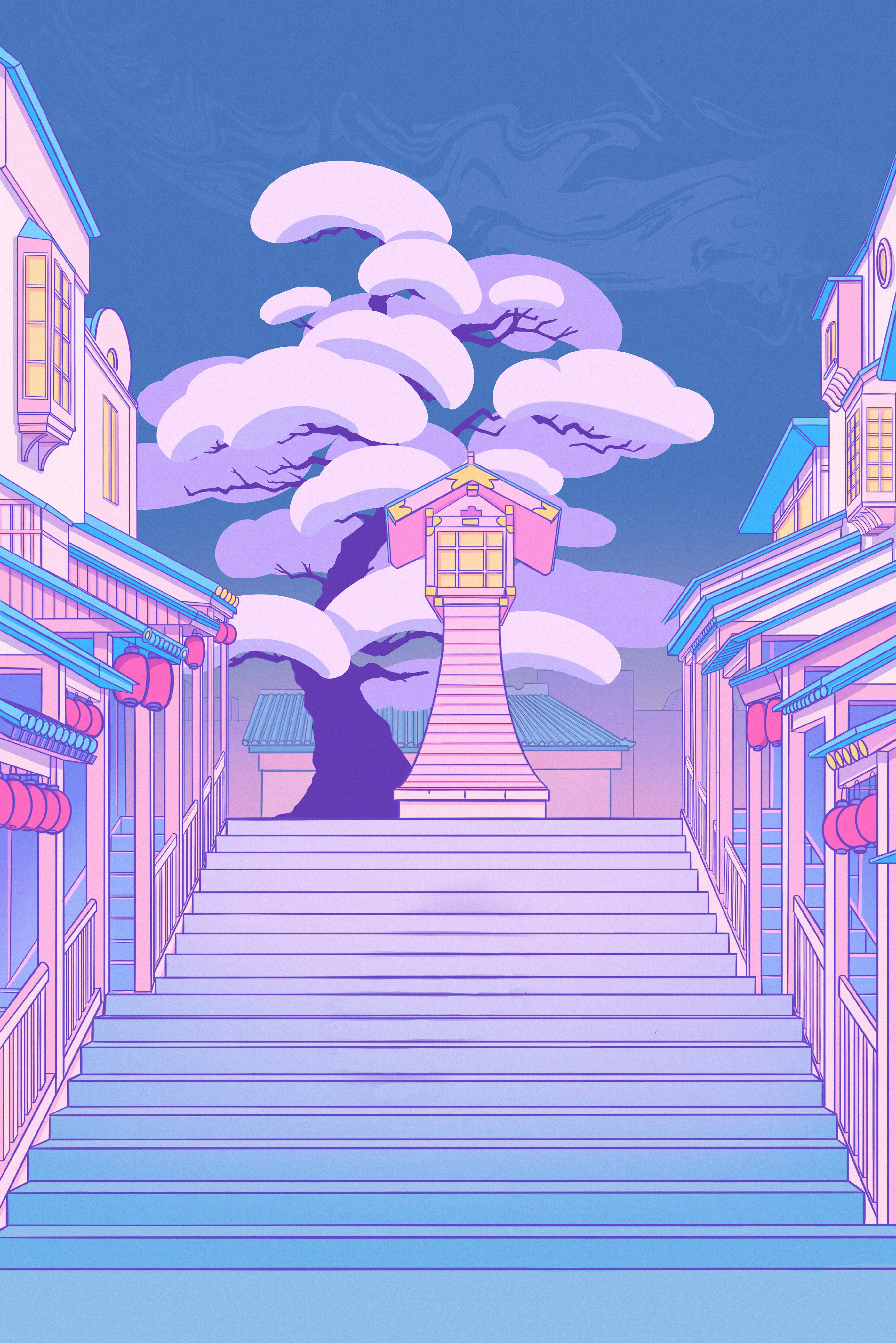 pastel Japanese aesthetic, snowy staircase, shrine, 4K Phone Wallpaper