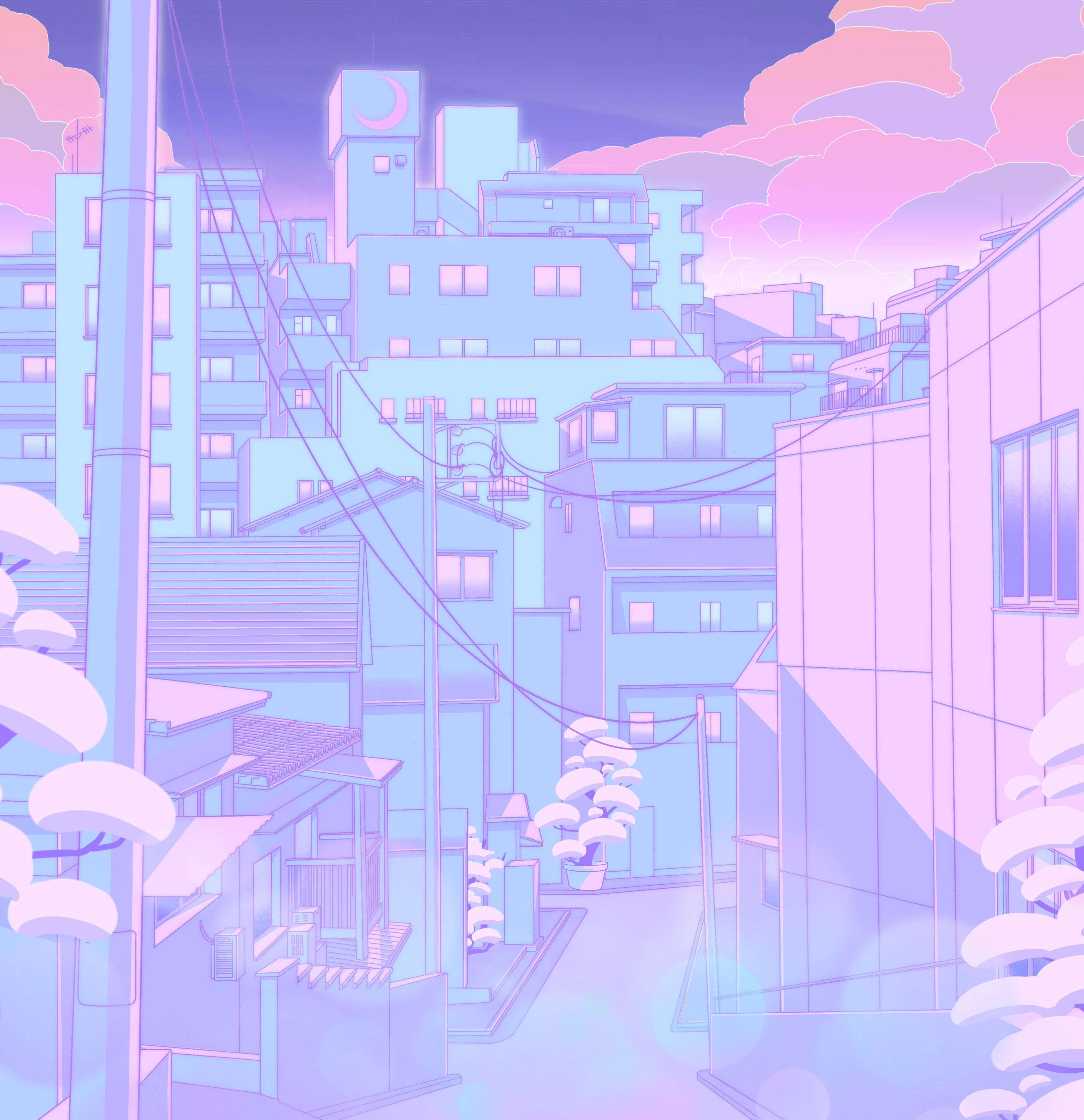 pastel Japanese aesthetic, soft purple and pink hues, snow-dusted trees, 4K Phone Wallpaper