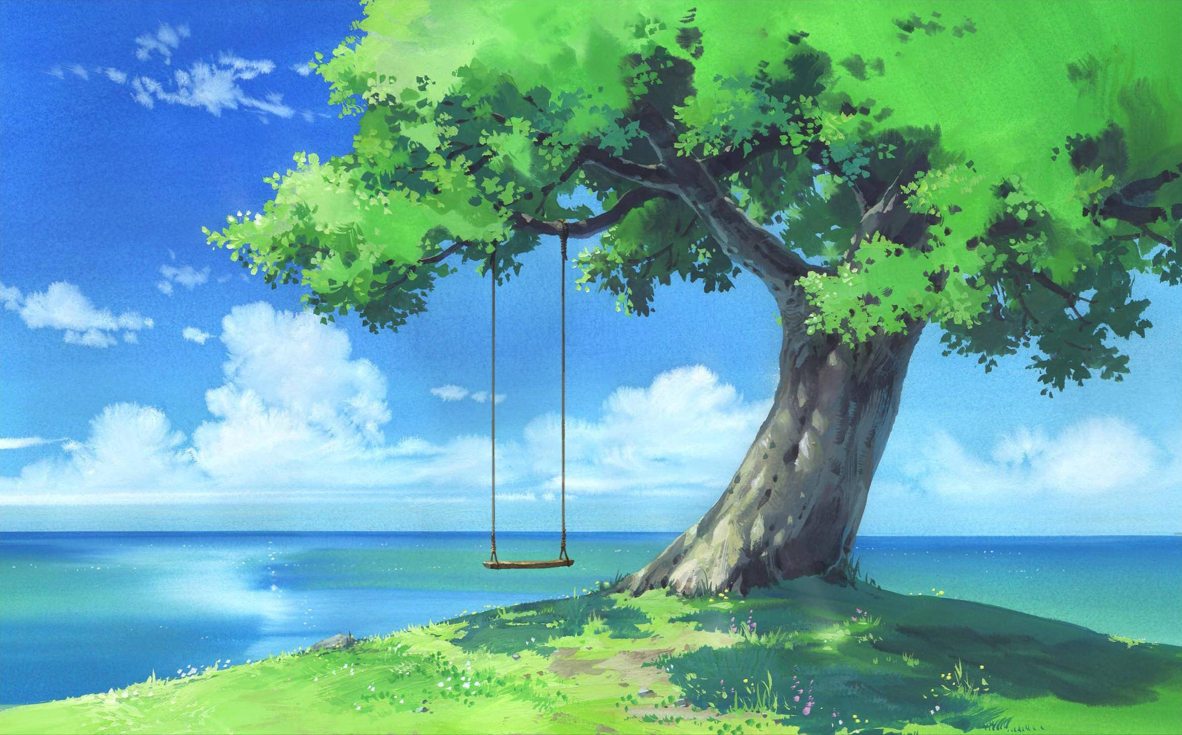tree swing, lush green tree, grassy cliff, Full HD Desktop Wallpaper