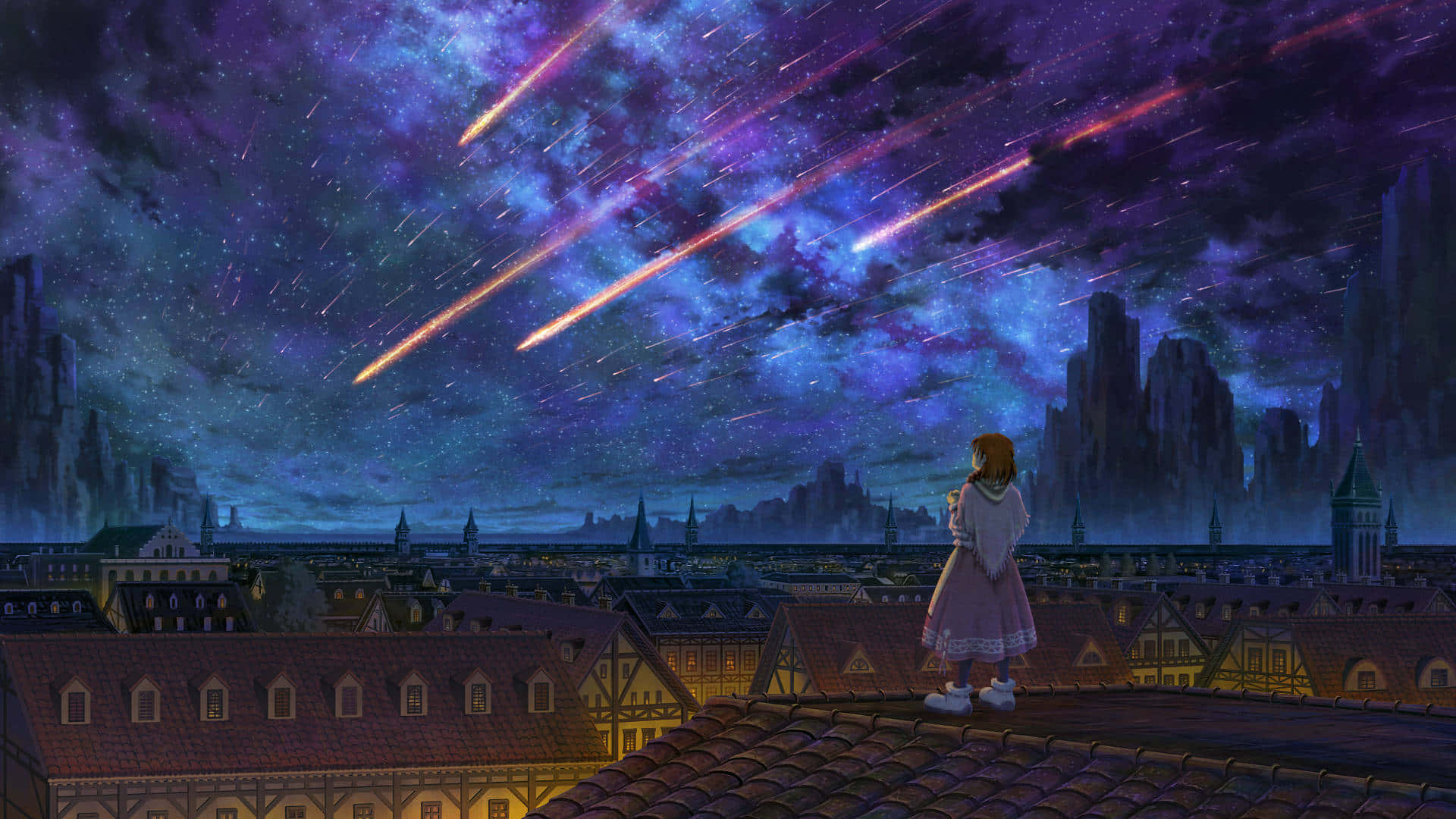 pink dress, tiled rooftop, vibrant purple night sky, Full HD Desktop Wallpaper