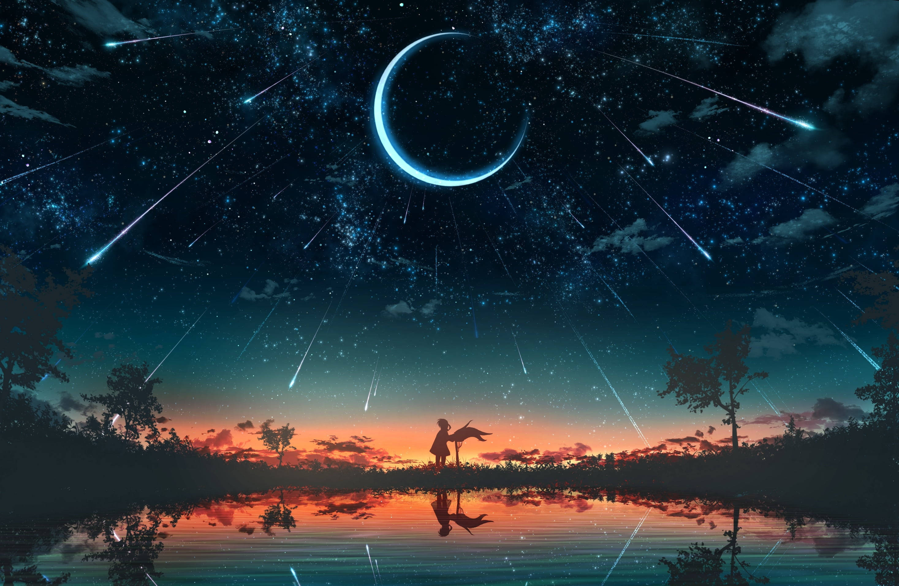 meteor shower, tranquil lake, vibrant night sky, 2K Desktop Wallpaper