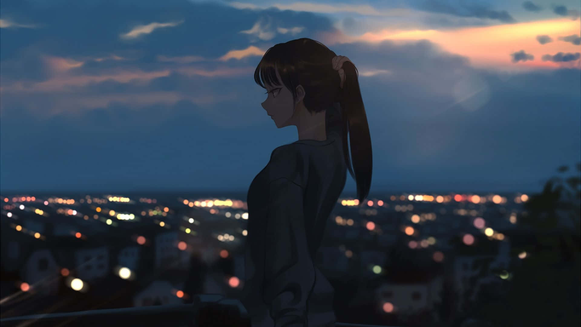 young anime girl, ponytail, cityscape, Full HD Desktop Wallpaper