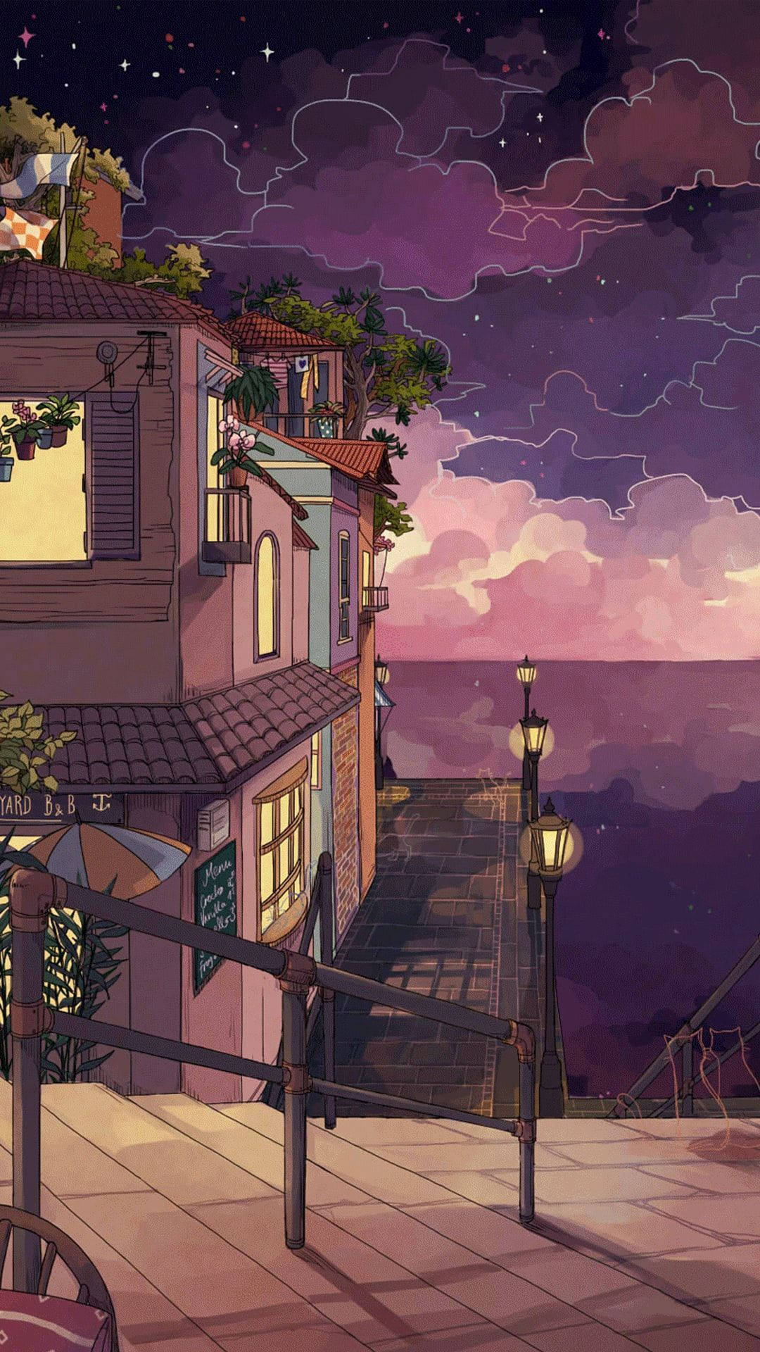 Night Time Aesthetic Anime Scenery, seaside village, twilight, Full HD Phone Wallpaper