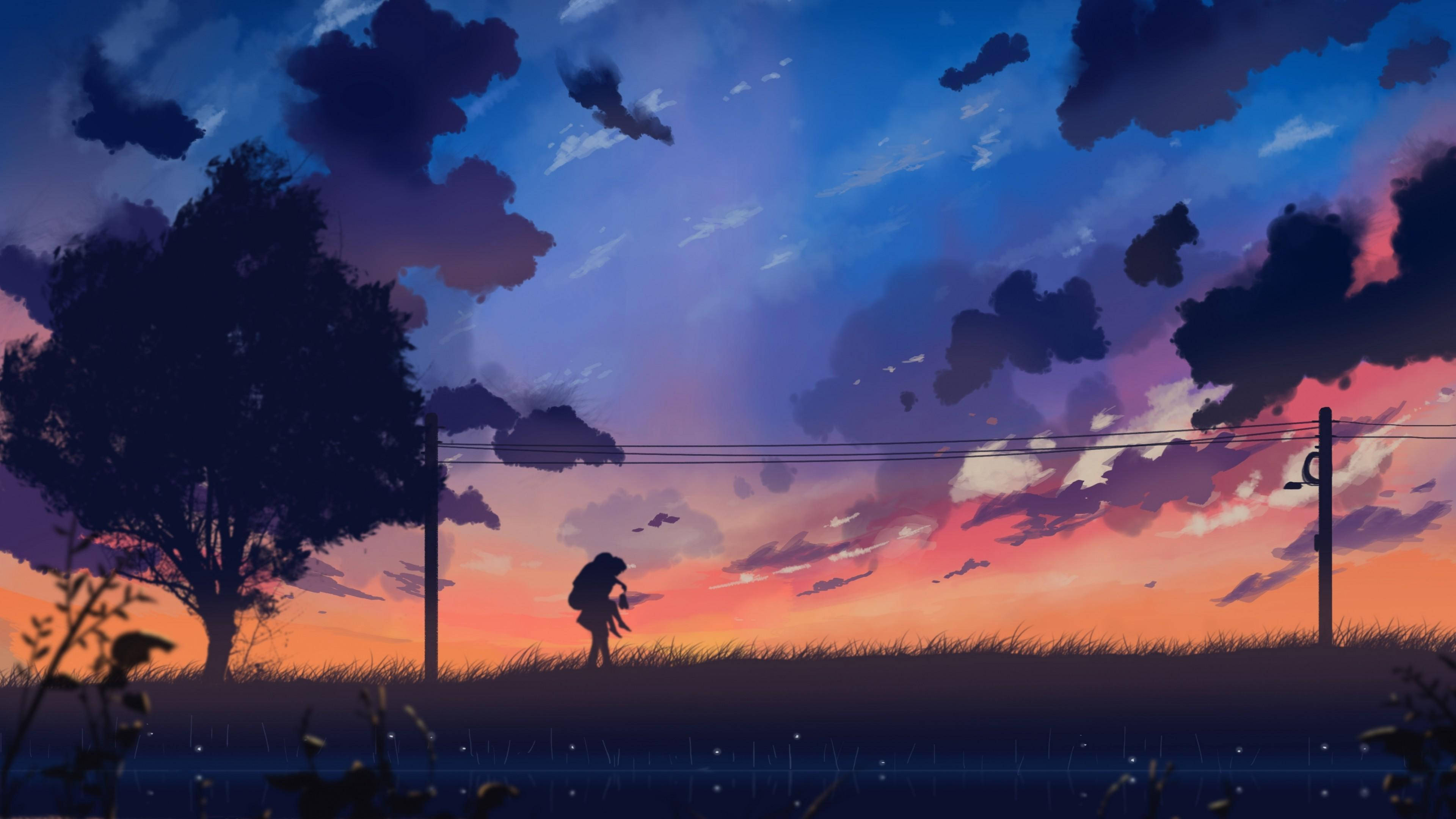 Piggyback Sunset, aesthetic anime scenery, twilight sky, 4K Desktop Wallpaper
