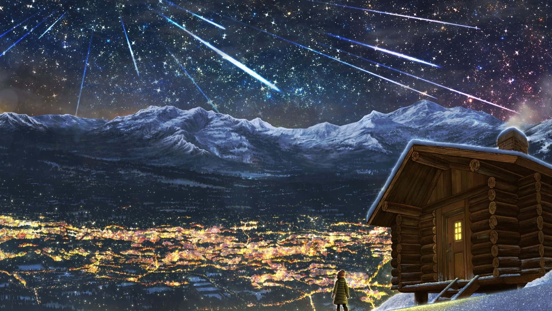 snowy log cabin, glittering city, snow-capped mountains, Full HD Desktop Wallpaper