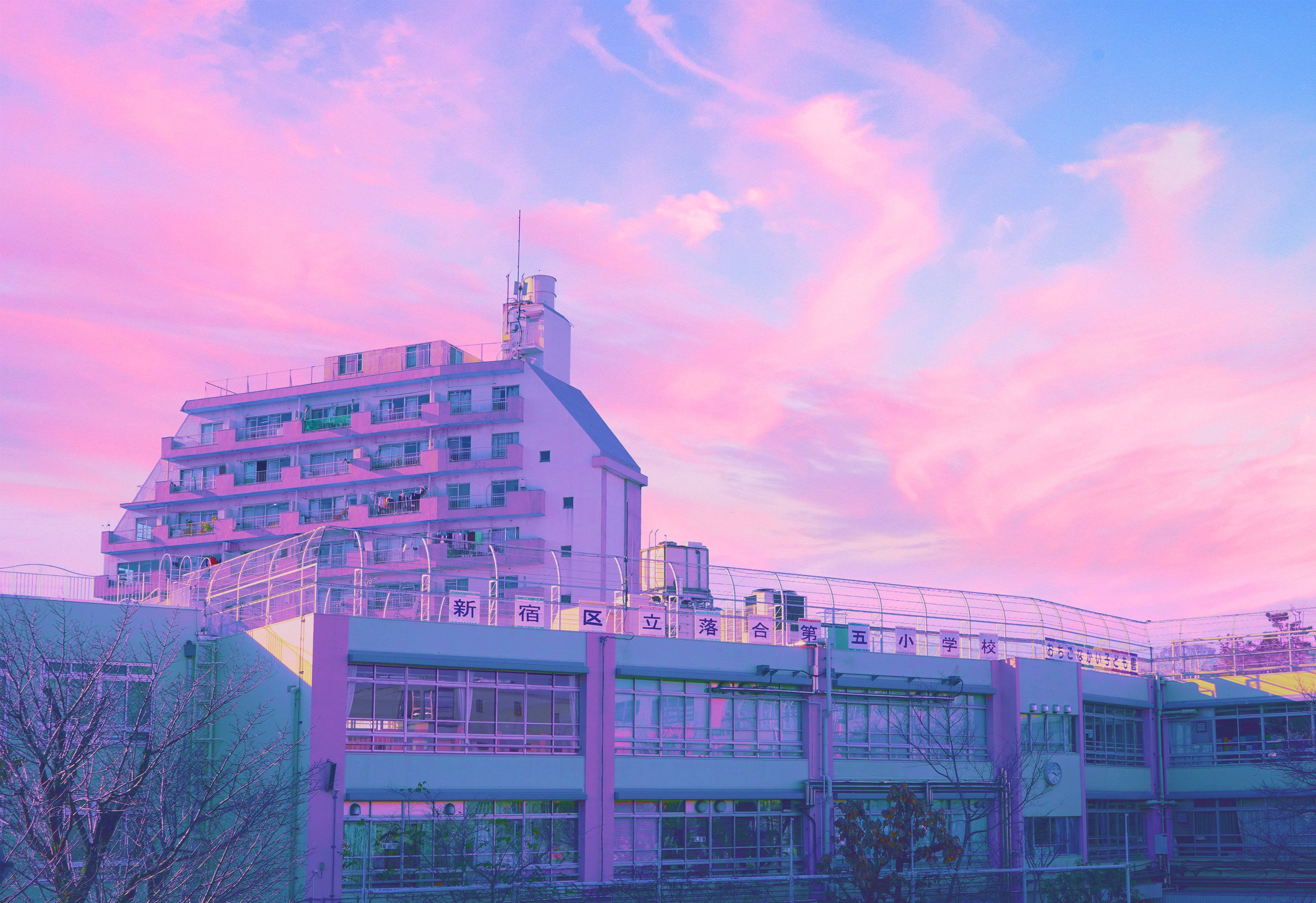 pastel Japanese aesthetic, pink sunset, school building, 4K Desktop Wallpaper