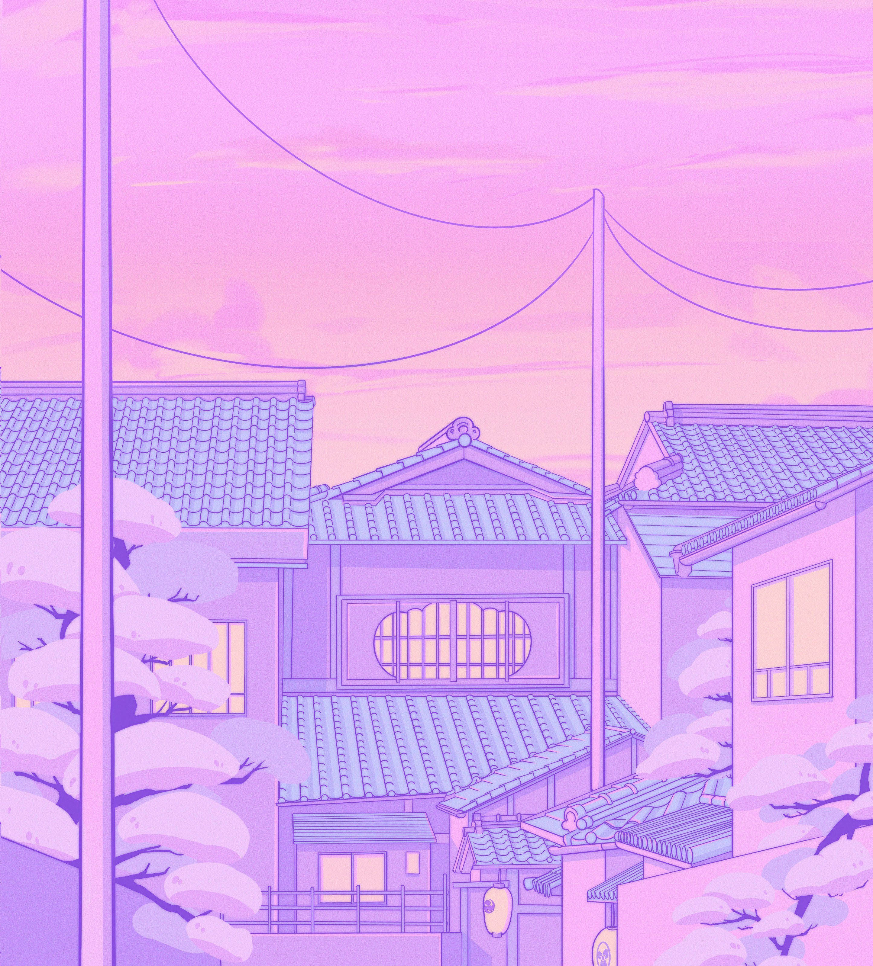 pastel purple rooftops, glowing windows, cherry blossoms, 2K Phone Wallpaper
