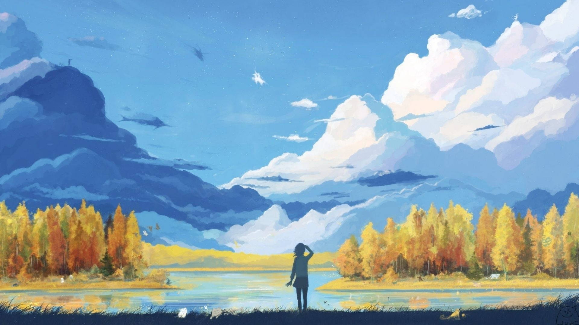 daydream aesthetic anime scenery, calm lake, autumn trees, Full HD Desktop Wallpaper