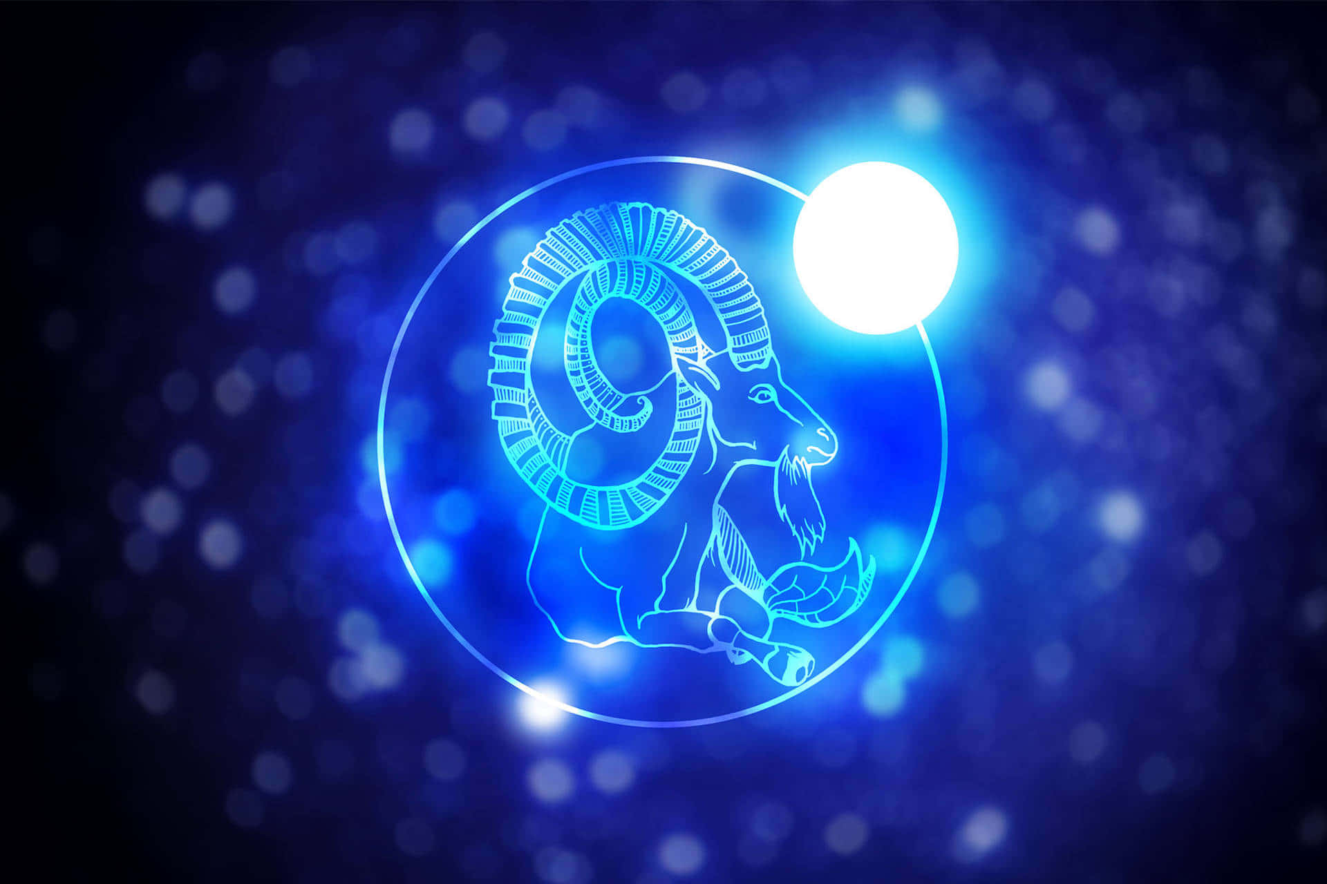 glowing blue line-art ram constellation symbol, starry night sky, bright moon, Full HD Desktop Wallpaper