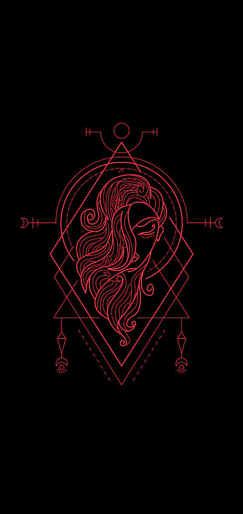 Aesthetic Astrology, glowing red line-art illustration, serene female face, HD Phone Wallpaper