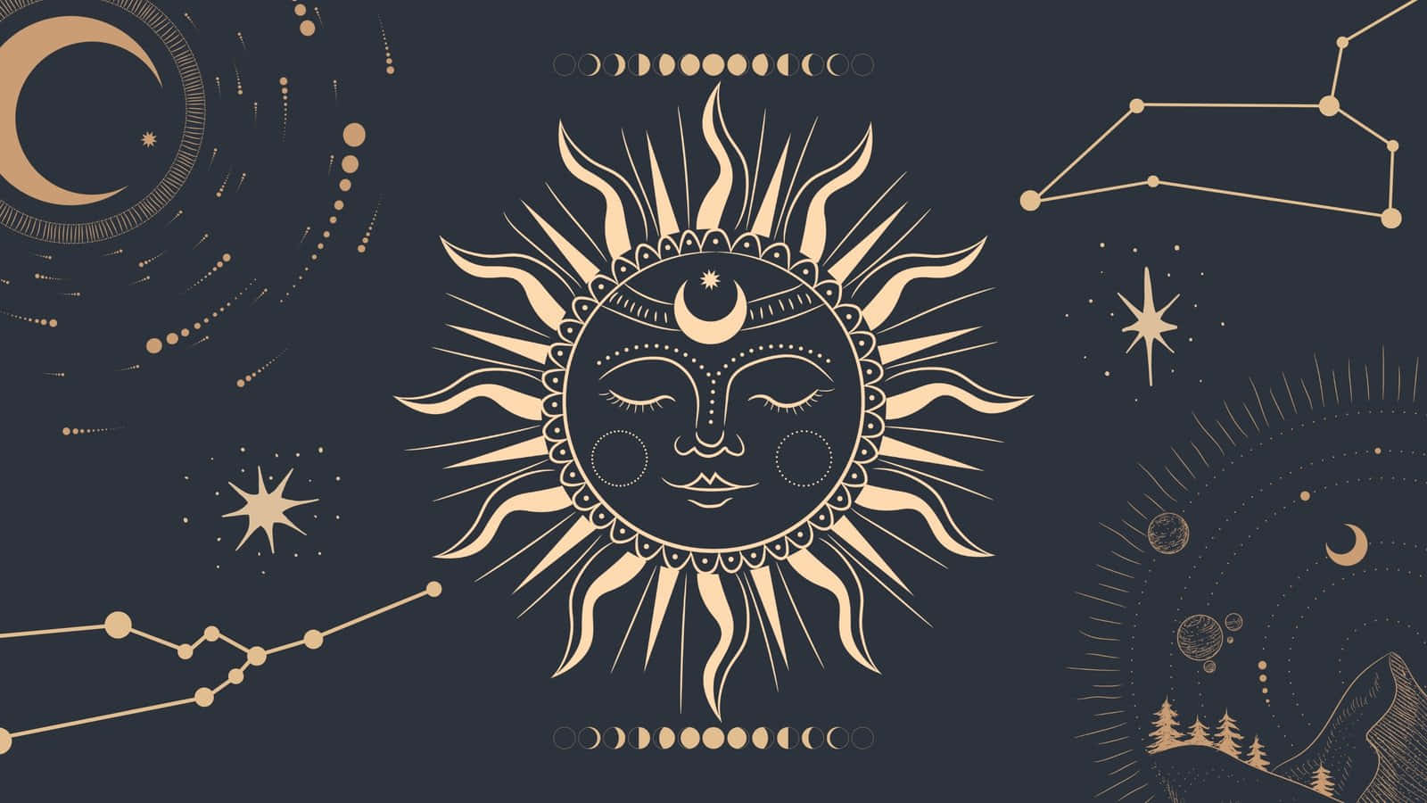 golden celestial sun, serene face, stars constellations, HD Desktop Wallpaper