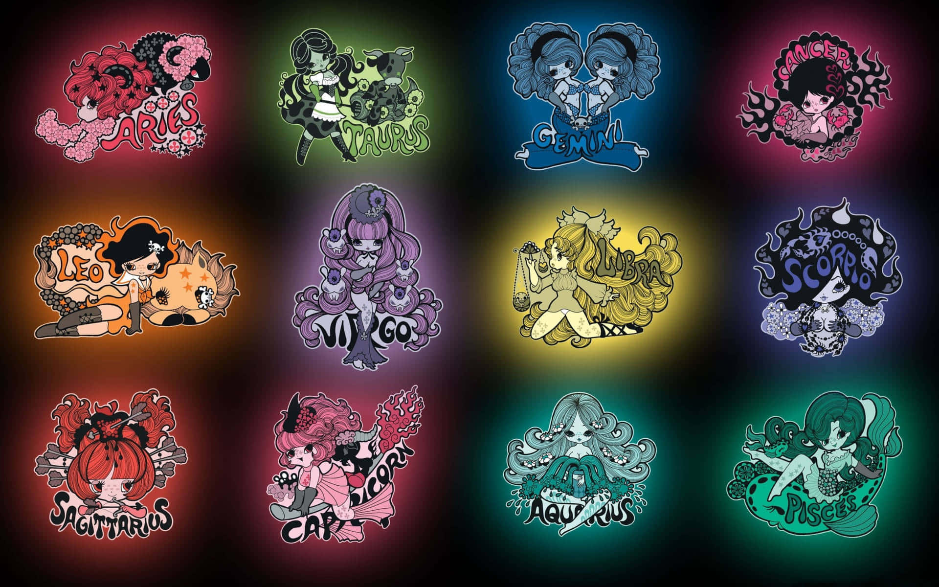 Aesthetic Astrology, neon-colored zodiac illustrations, dark backgrounds, Full HD Desktop Wallpaper
