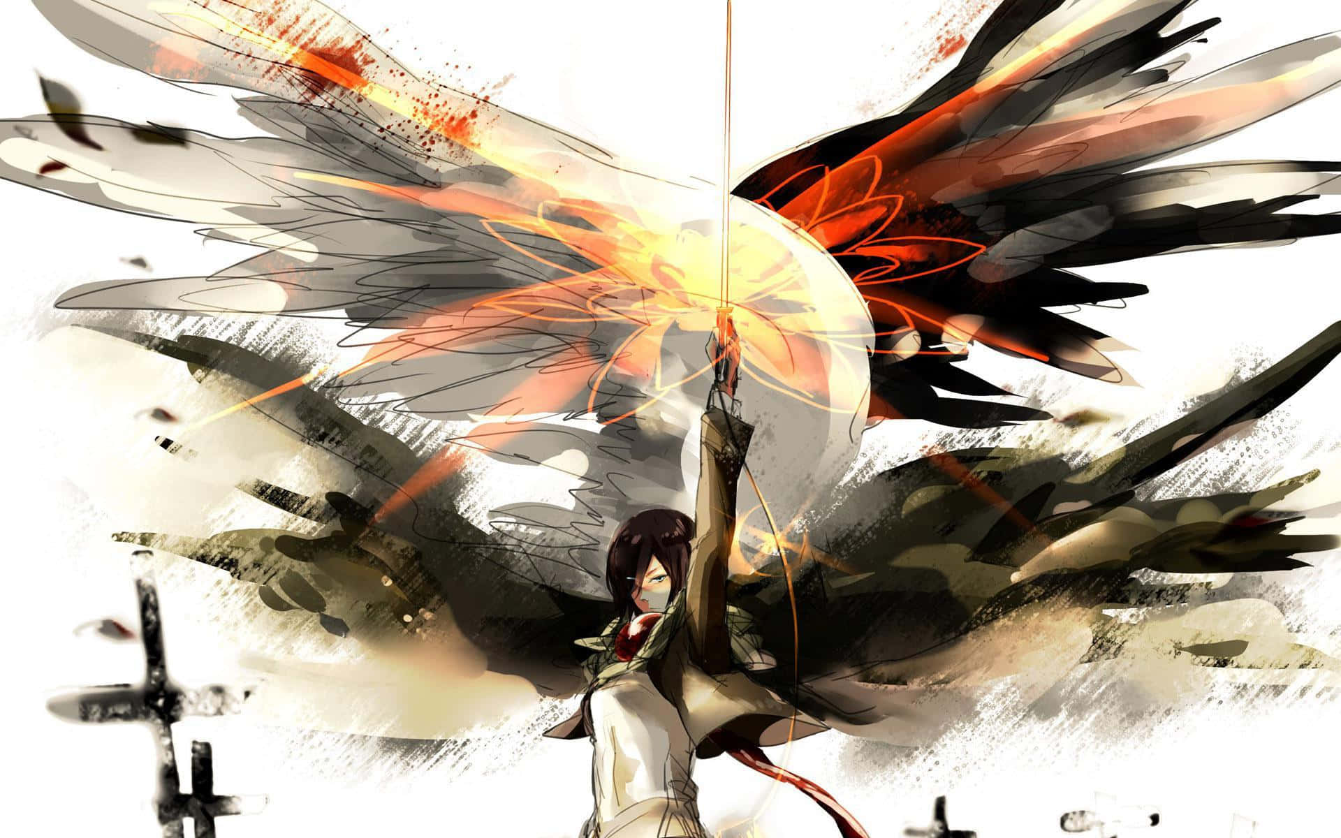 Attack on Titan, dark-haired anime girl, massive black and orange wings, Full HD Desktop Wallpaper