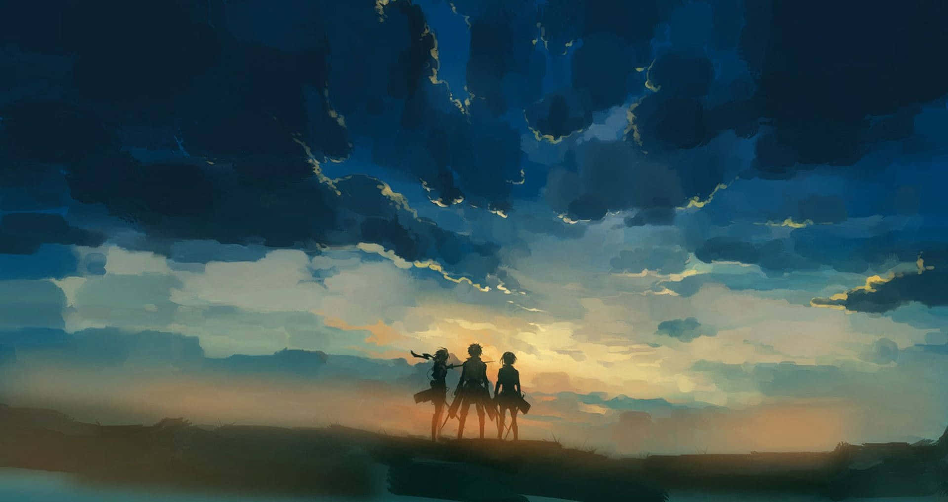 Attack on Titan, silhouetted figures, cliff, Full HD Desktop Wallpaper