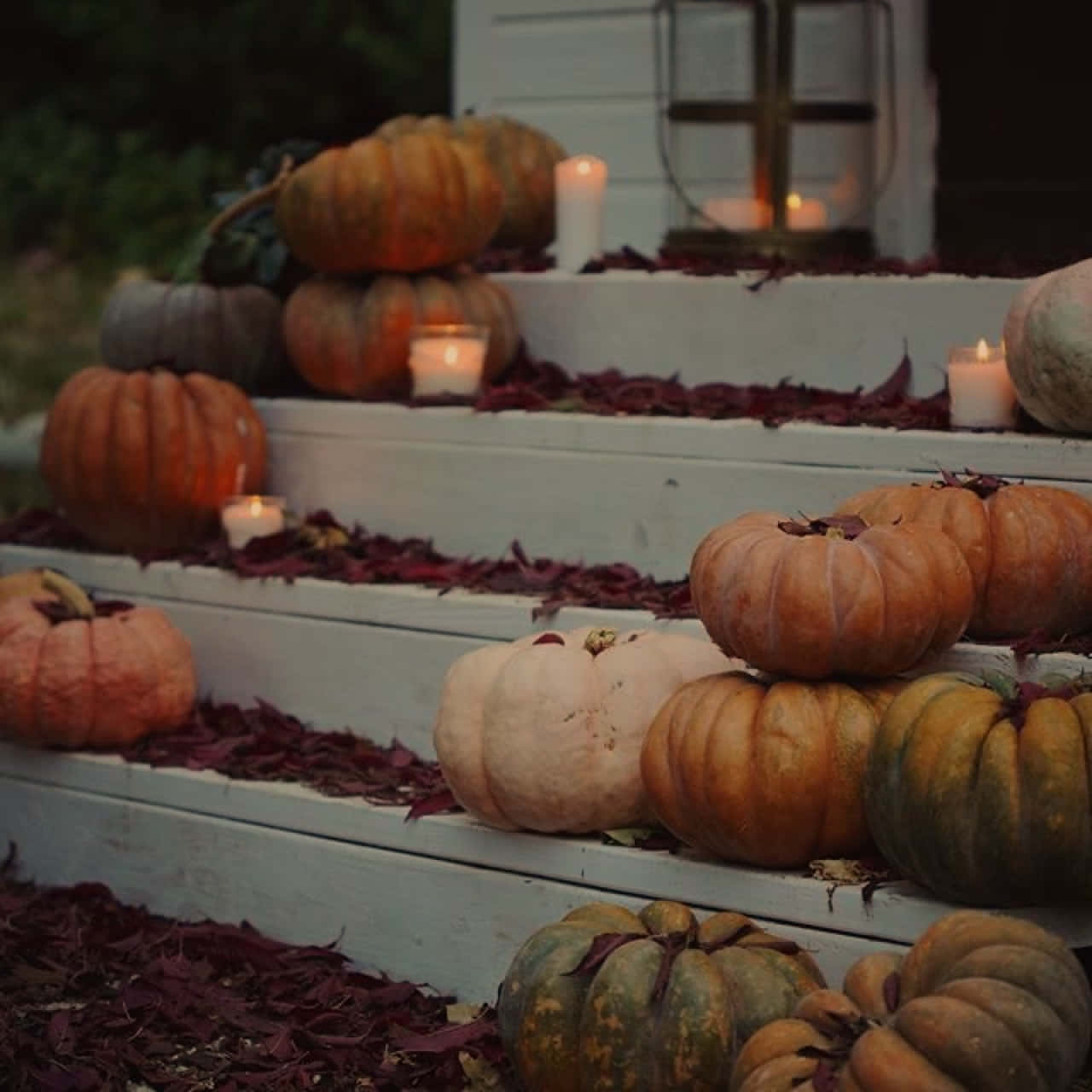 Aesthetic Autumn Halloween, porch steps, lit candles, HD Desktop Wallpaper