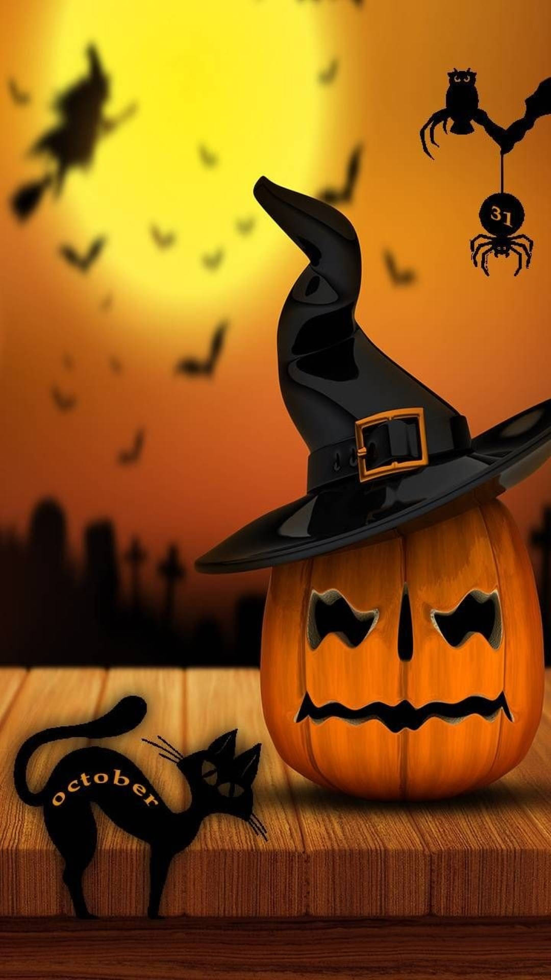 jack-o'-lantern, witch's hat, black cat, Full HD Phone Wallpaper