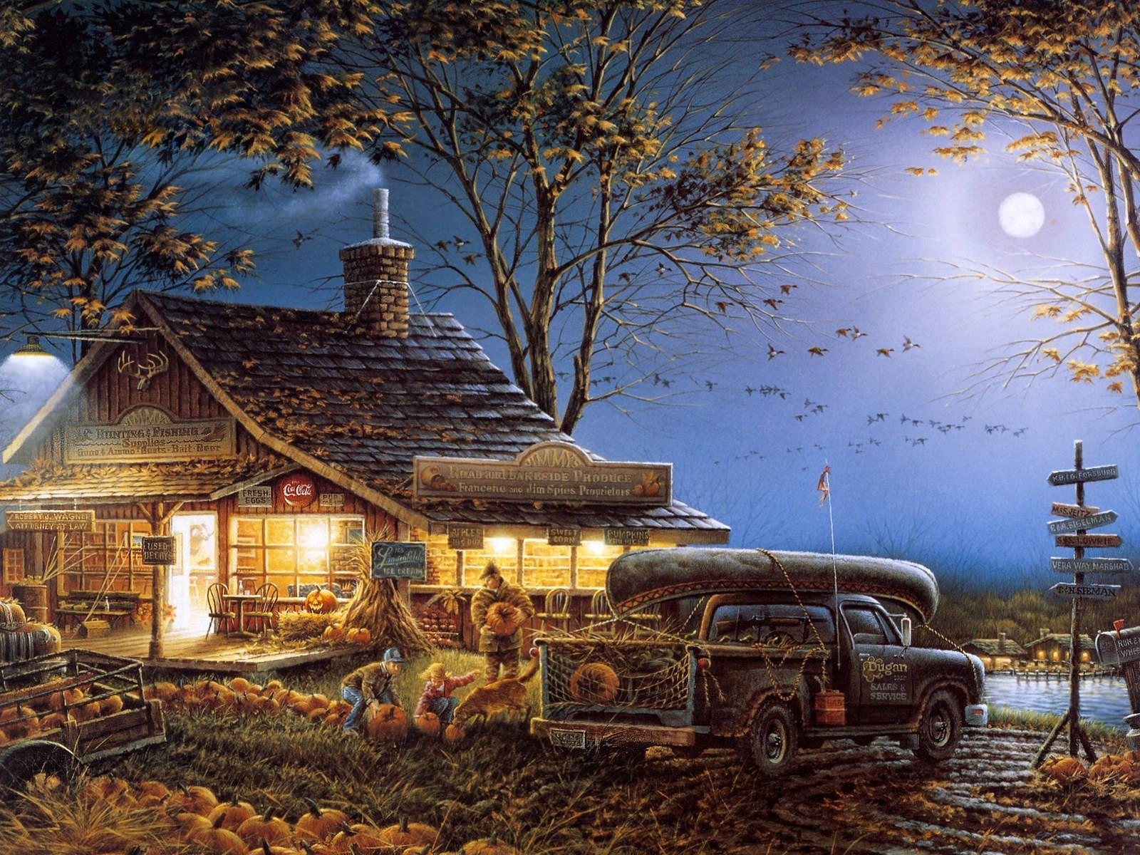 4K Autumn Tradition, cozy rustic general store, full moon, HD Desktop Wallpaper