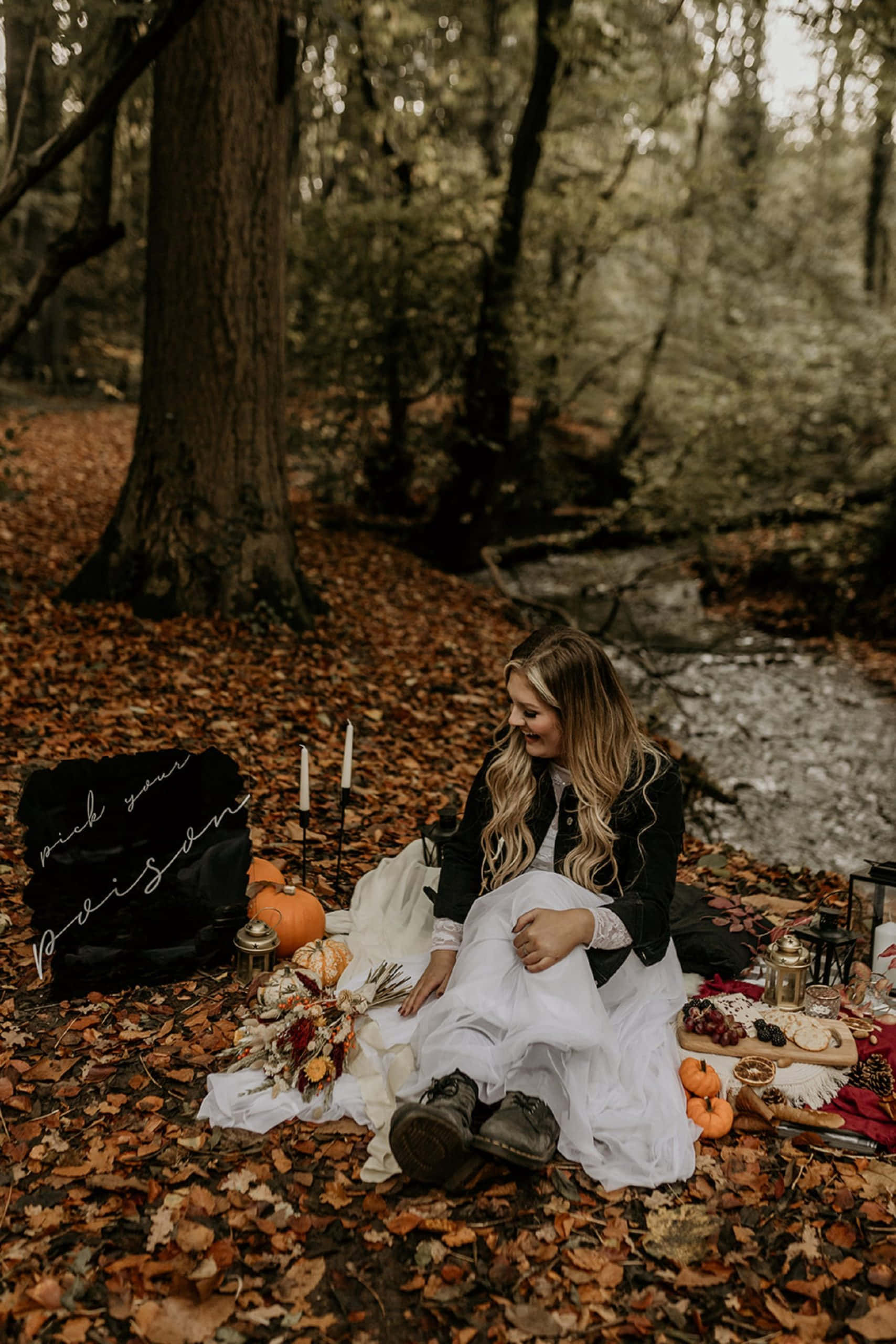 small pumpkins, white dress, autumn leaves, 2K Phone Wallpaper
