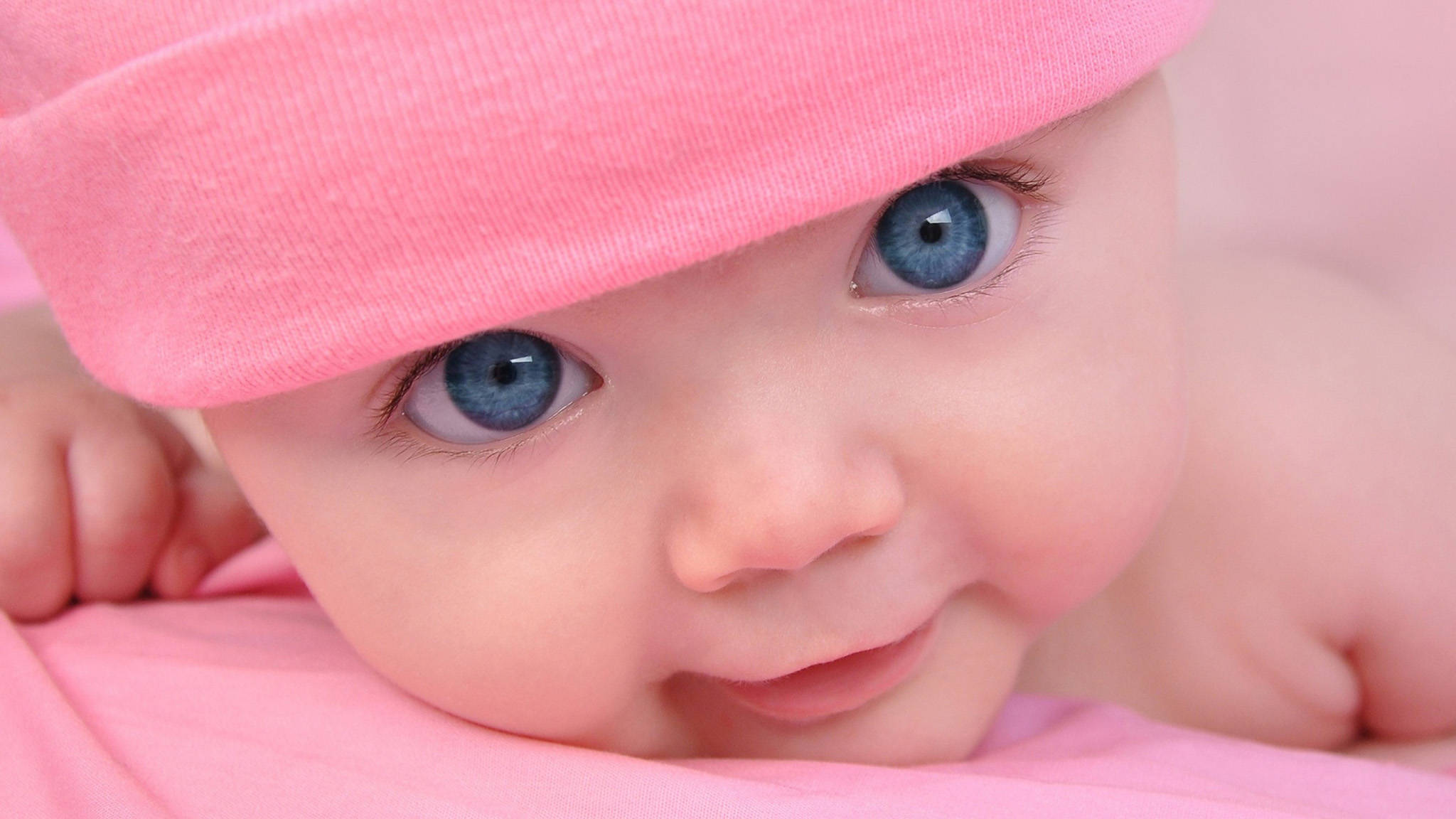 pink hat, bright blue eyes, pink fabric, Full HD Desktop Wallpaper
