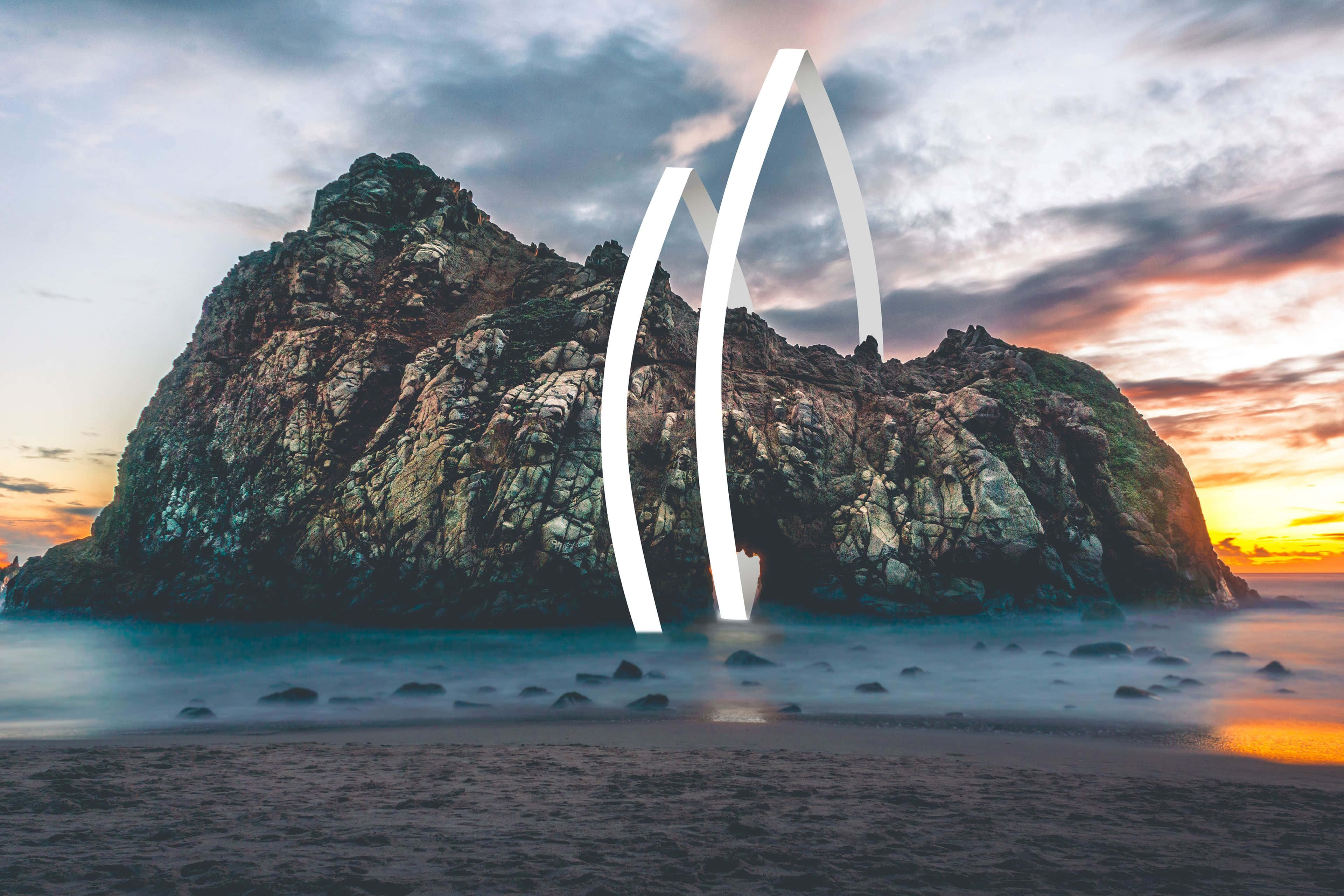 glowing white arch sculpture, rugged coastal rock formation, sunset, 4K Desktop Wallpaper