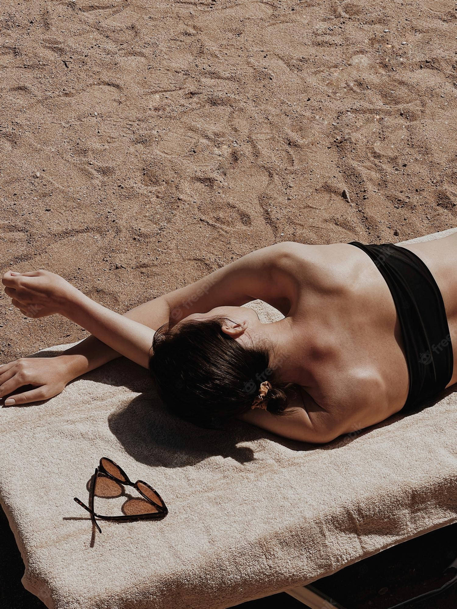 aesthetic beach, black bikini, sandy beach, Full HD Phone Wallpaper