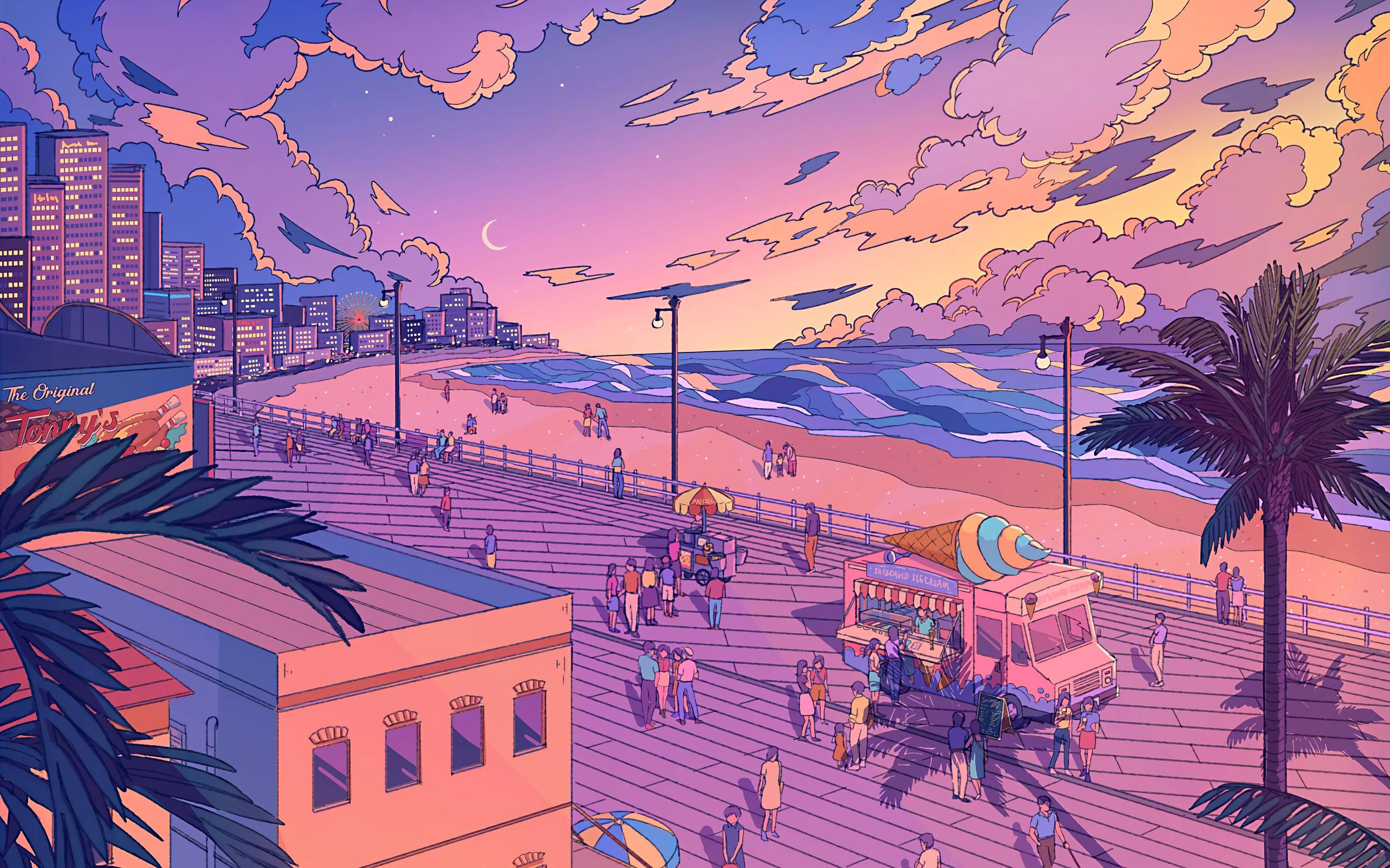 Aesthetic Beach Illustration, twilight, palm trees, 2K Desktop Wallpaper