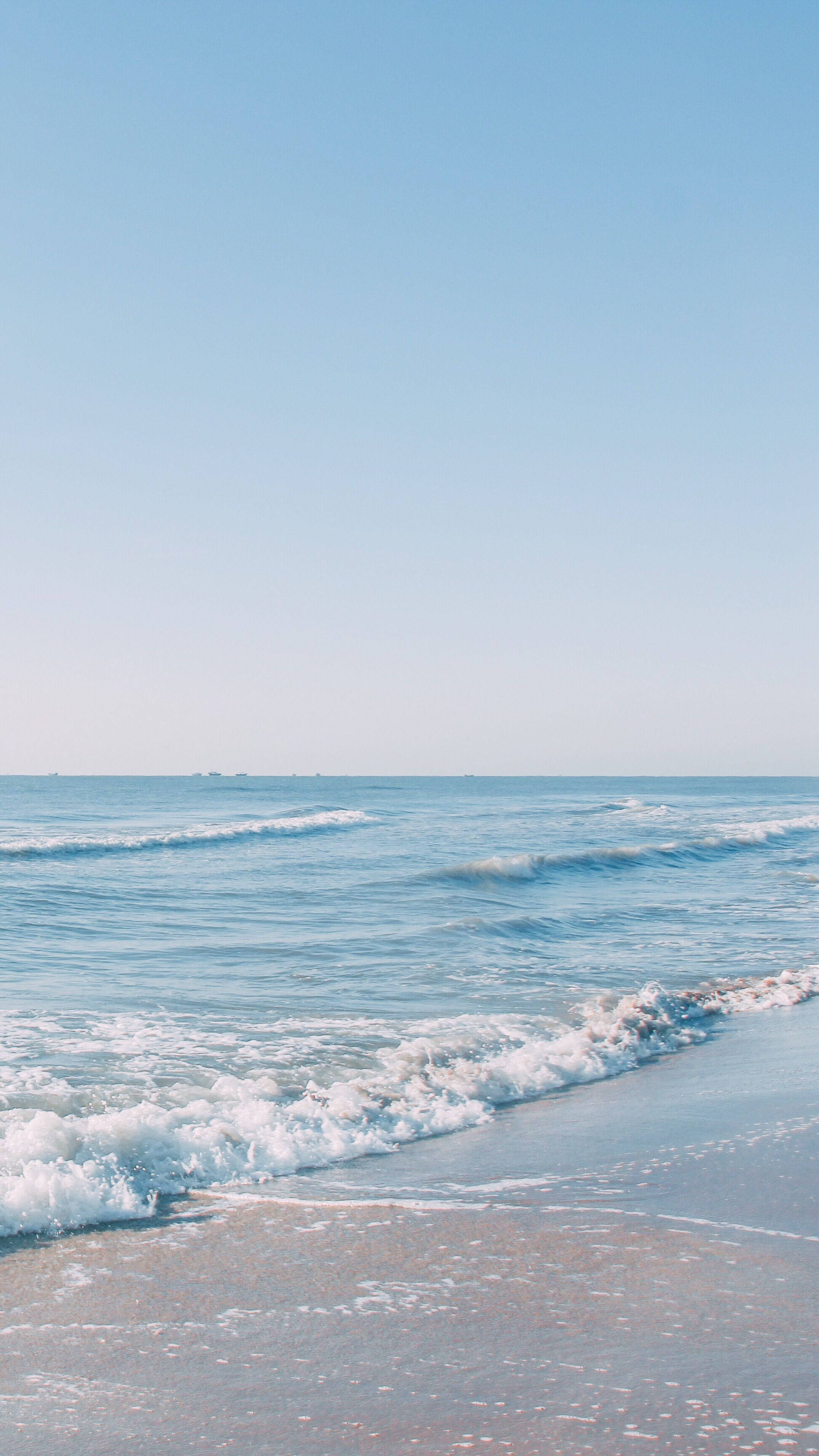pastel blue, blue sky, calm ocean waves, 2K Phone Wallpaper