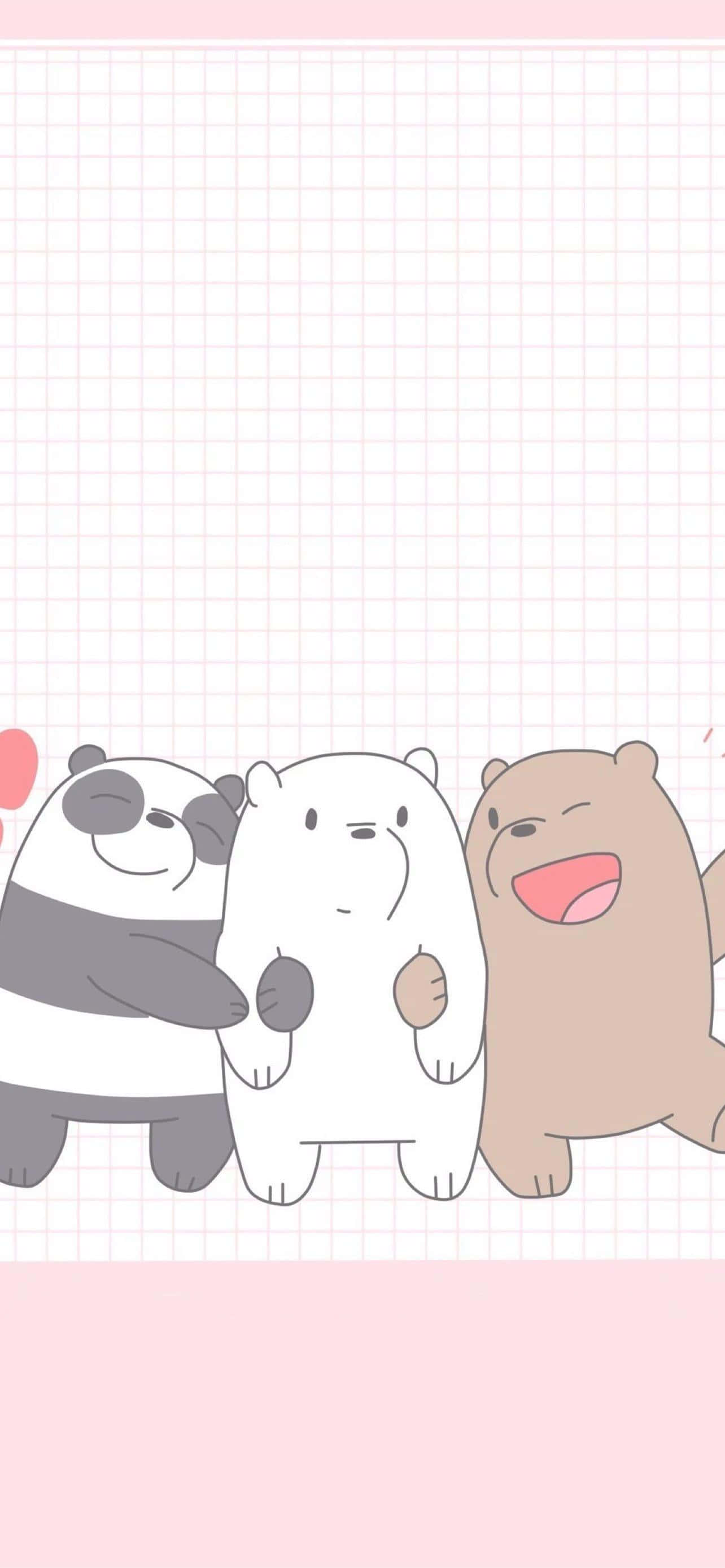 cute trio of cartoon bears, light pink grid background, cartoon bears, 2K Phone Wallpaper