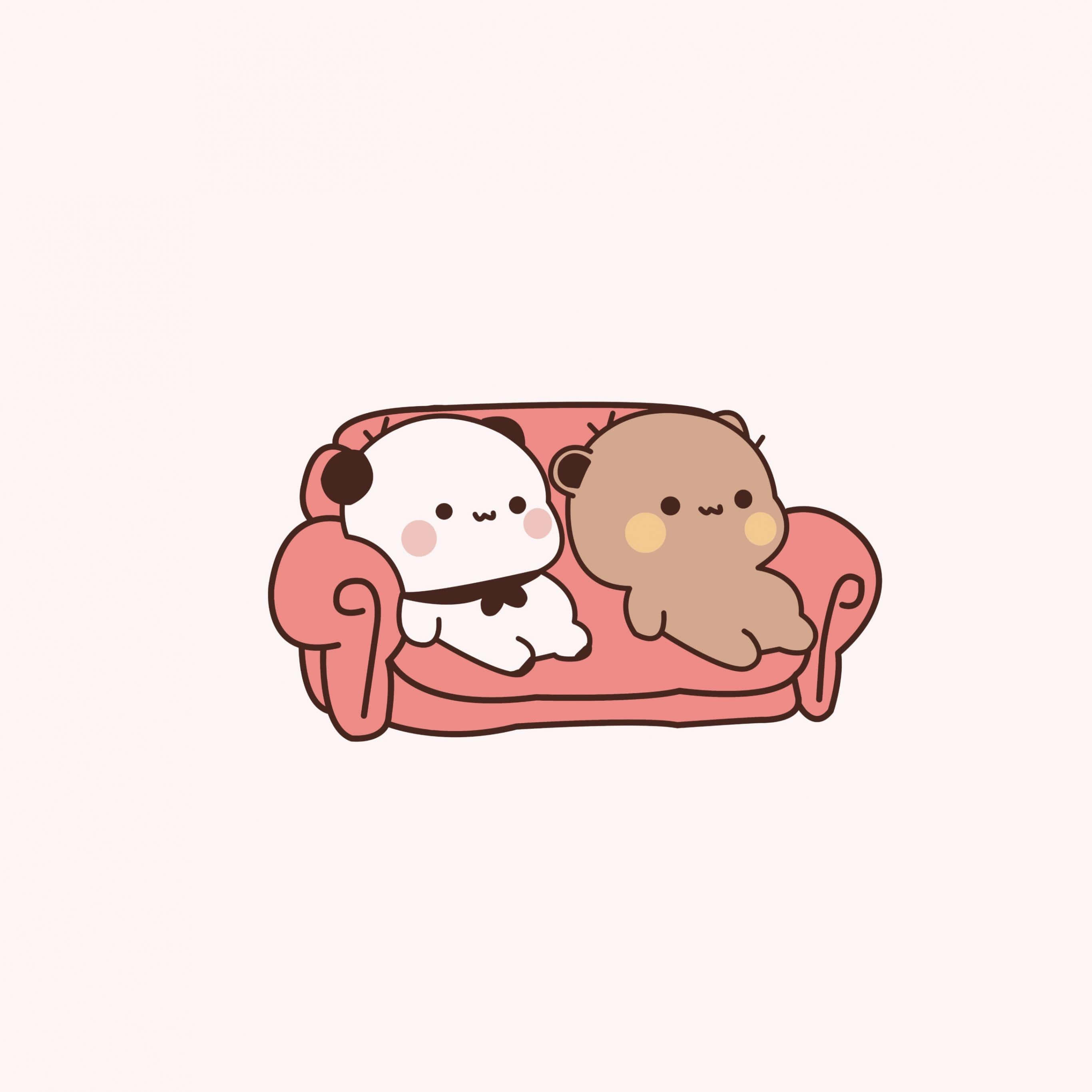 Cute Cartoon Bearson Sofa, pink couch, simple line art, 2K Desktop Wallpaper